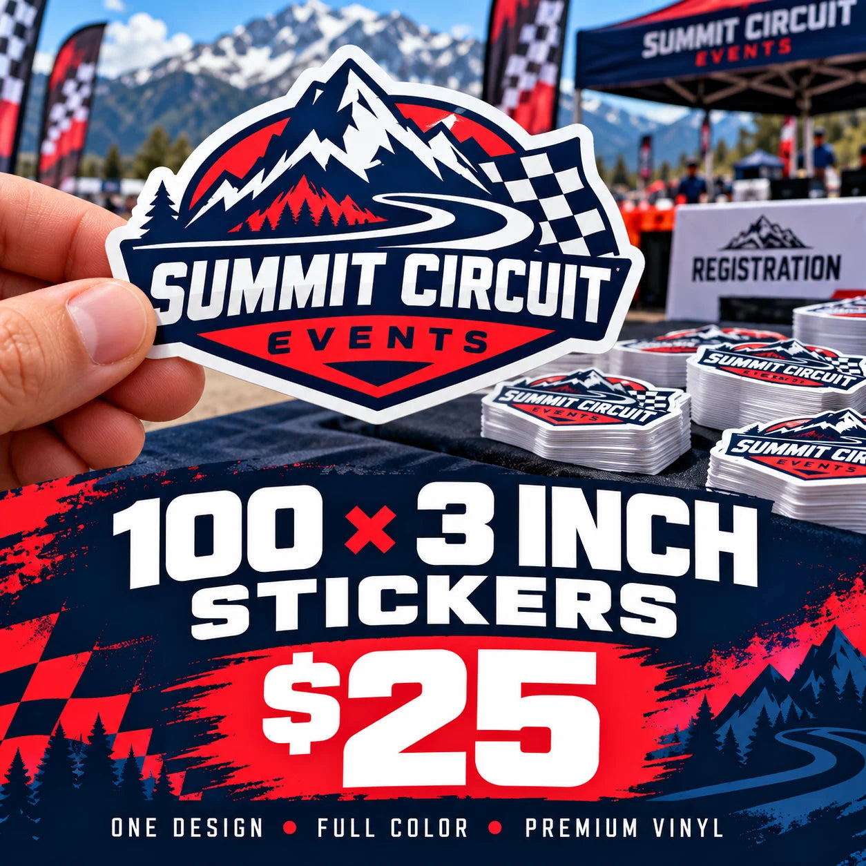 Summit Circuit Events fictional example: 100 custom 3 inch stickers for $25