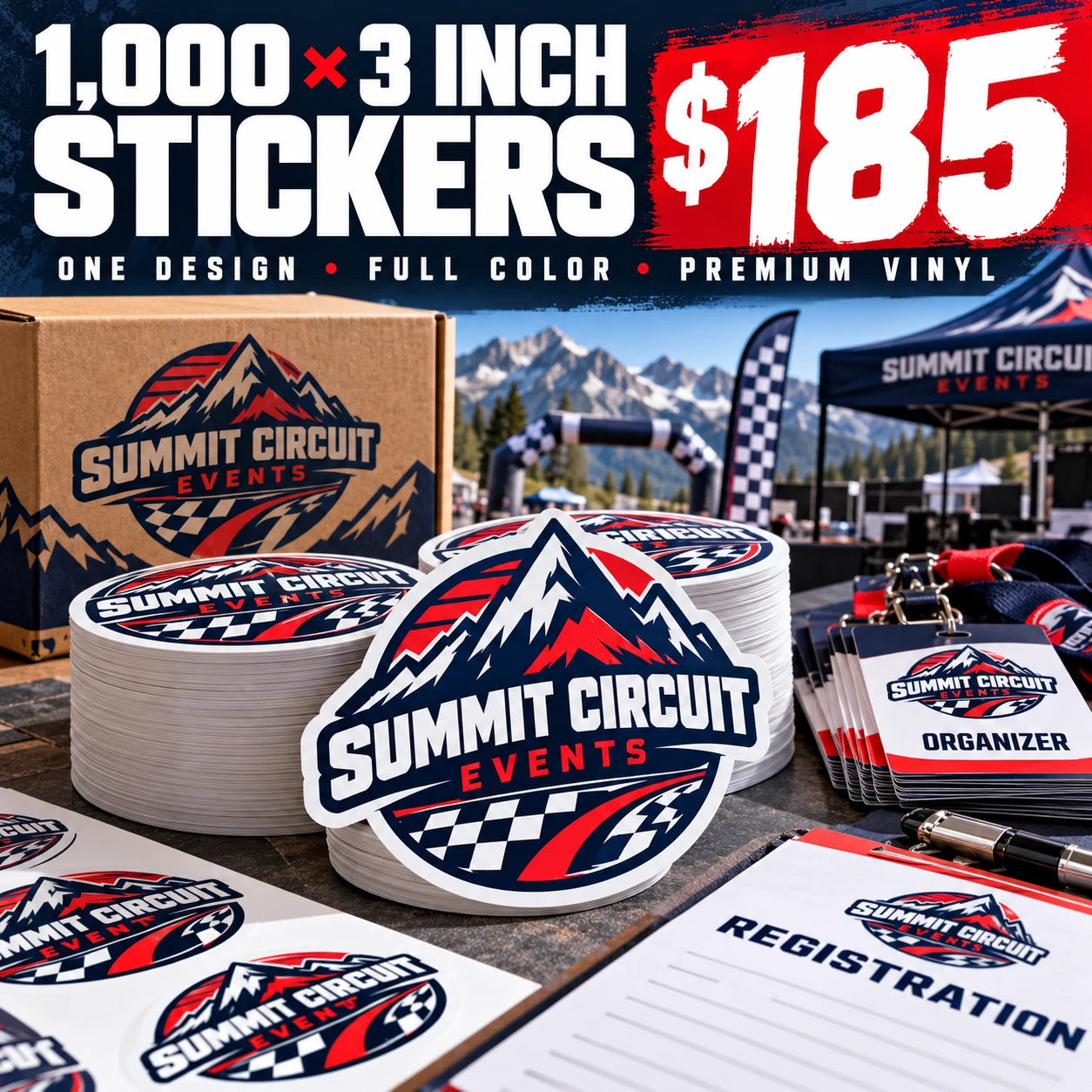 Summit Circuit Events fictional example: 1000 custom 3 inch stickers for $185
