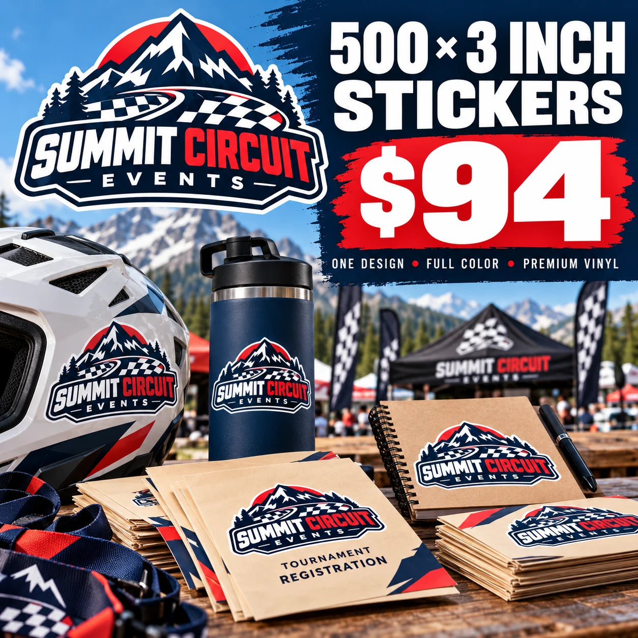 Summit Circuit Events fictional example: 500 custom 3 inch stickers for $94