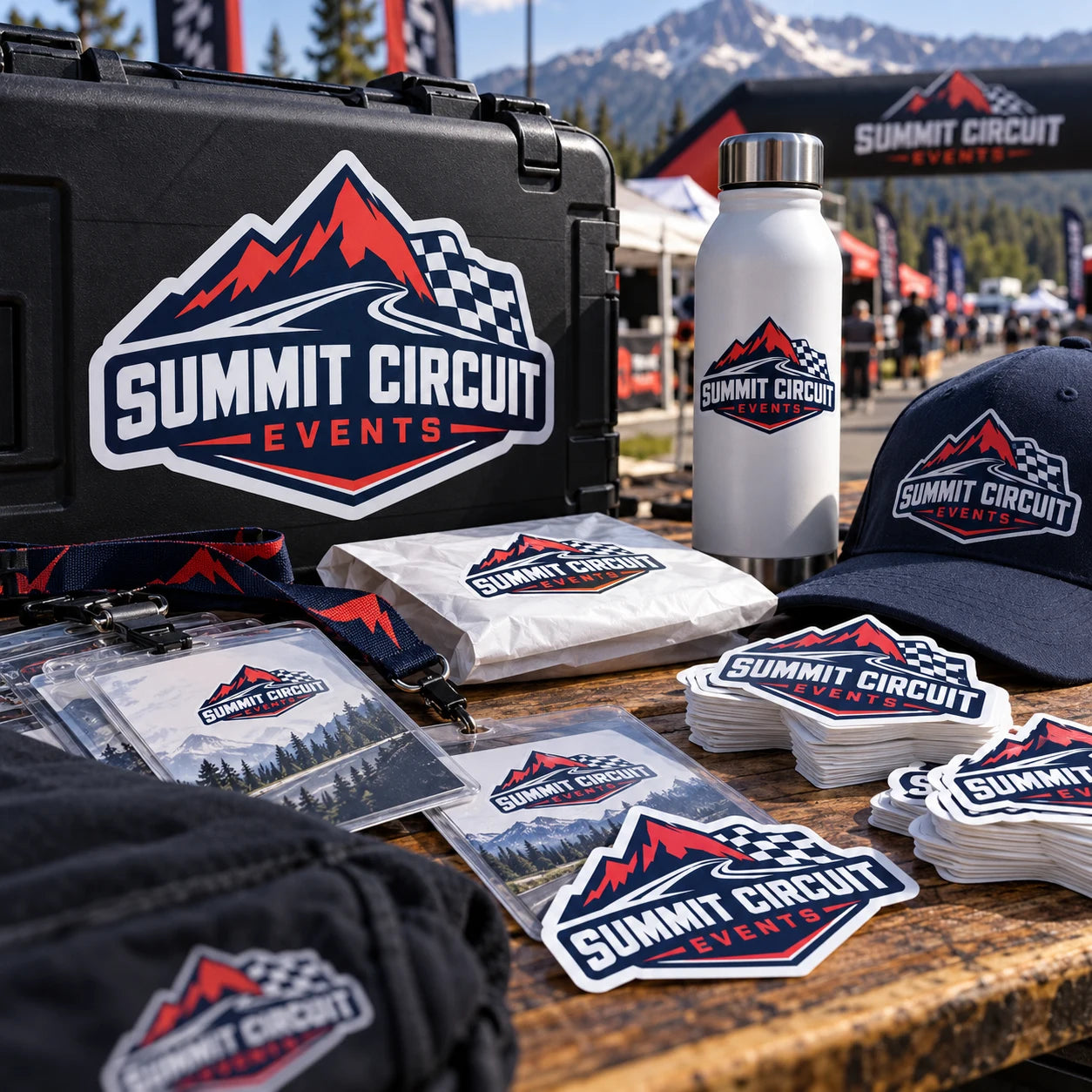 Summit Circuit Events fictional example storefront with custom lettering and stickers