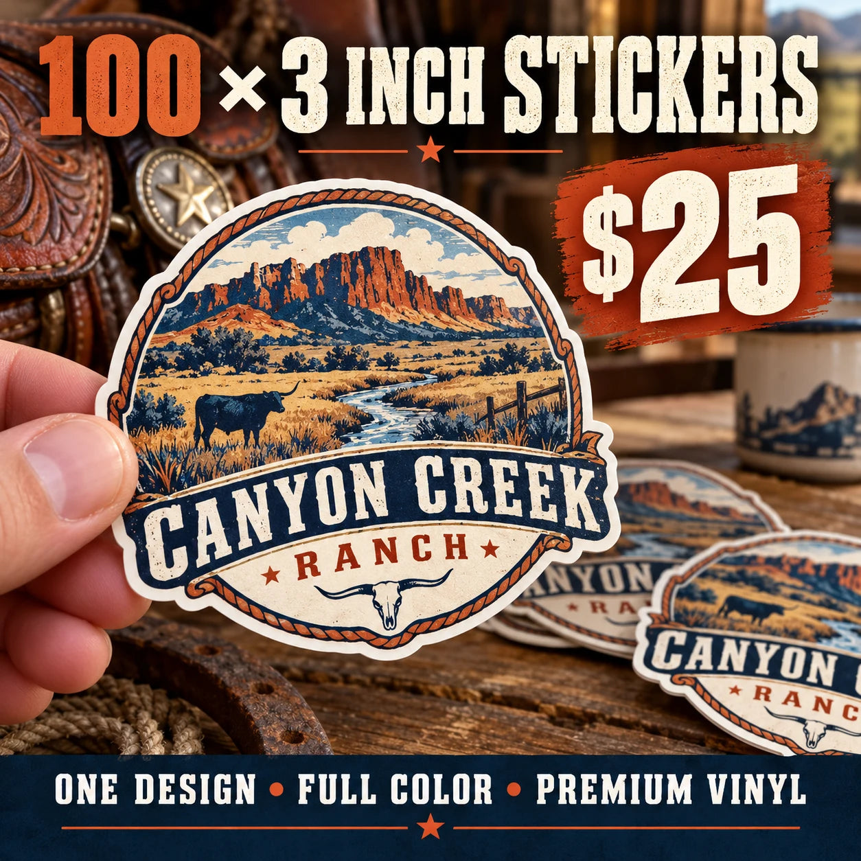 Canyon Creek Ranch fictional example: 100 custom 3 inch stickers for $25