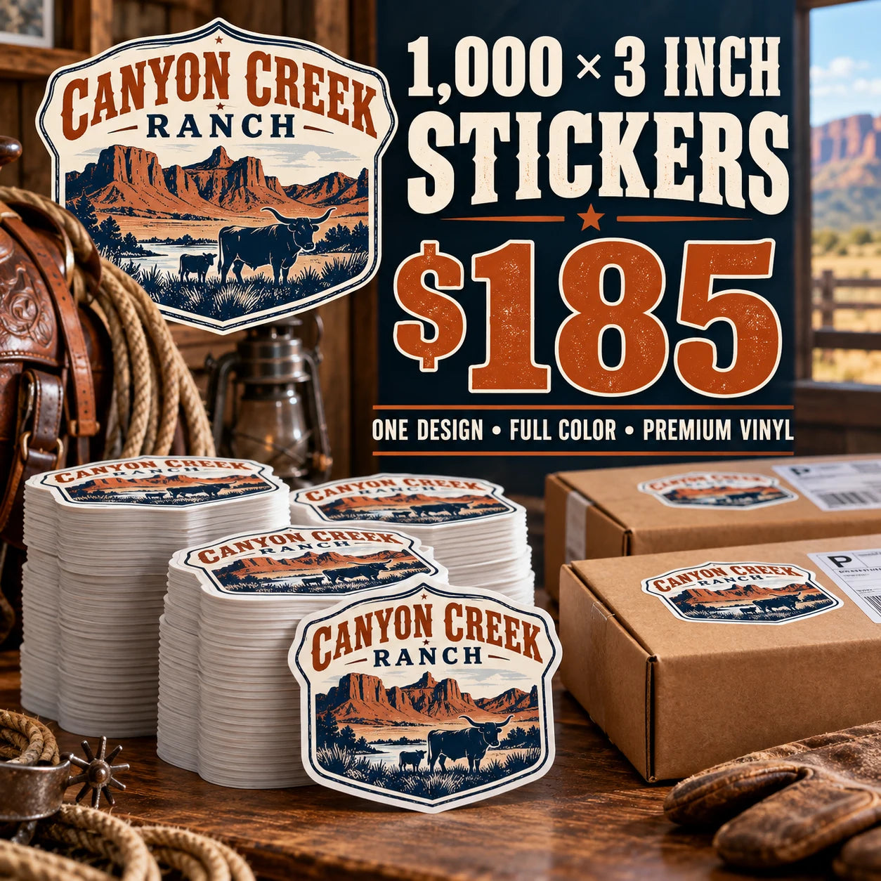 Canyon Creek Ranch fictional example: 1000 custom 3 inch stickers for $185