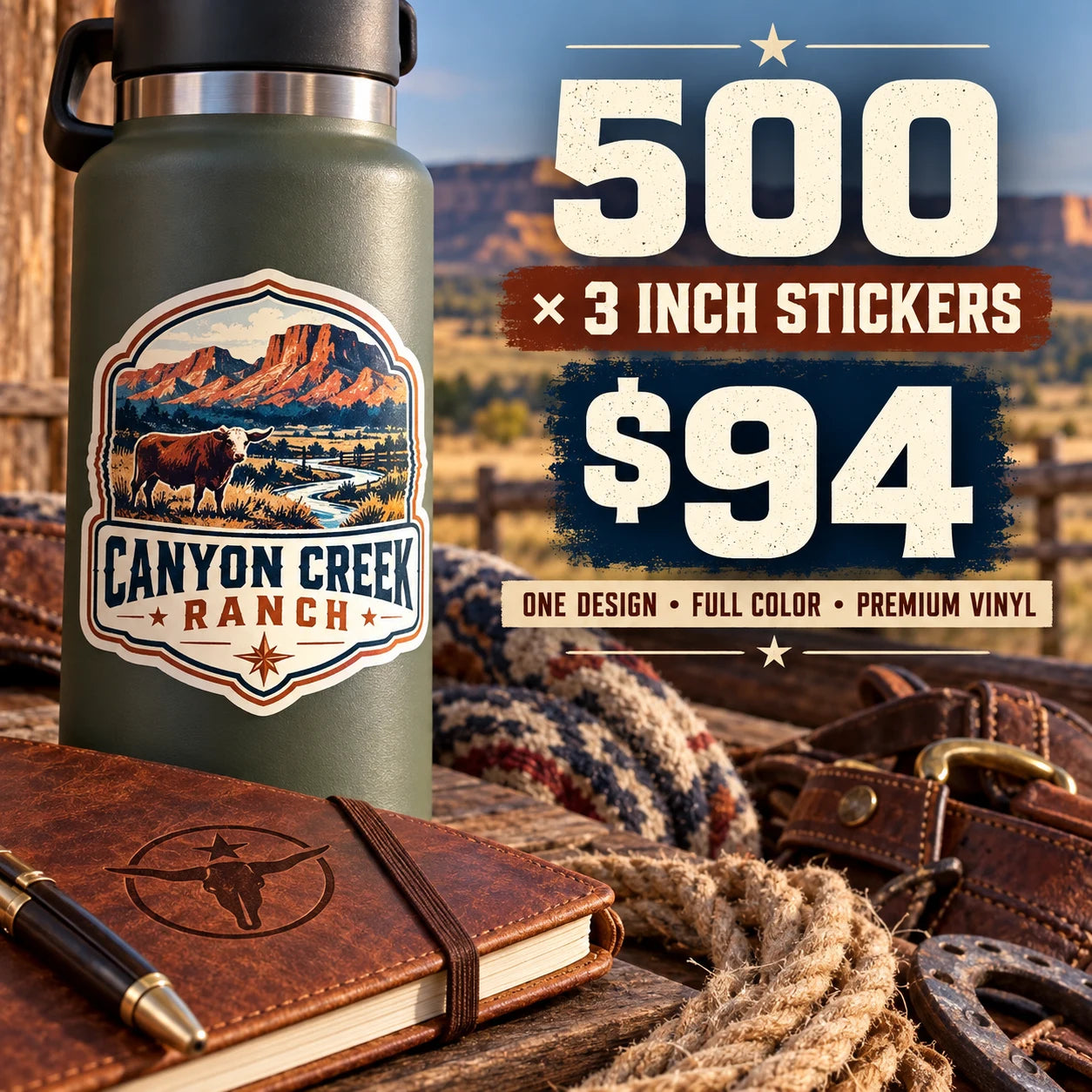 Canyon Creek Ranch fictional example: 500 custom 3 inch stickers for $94