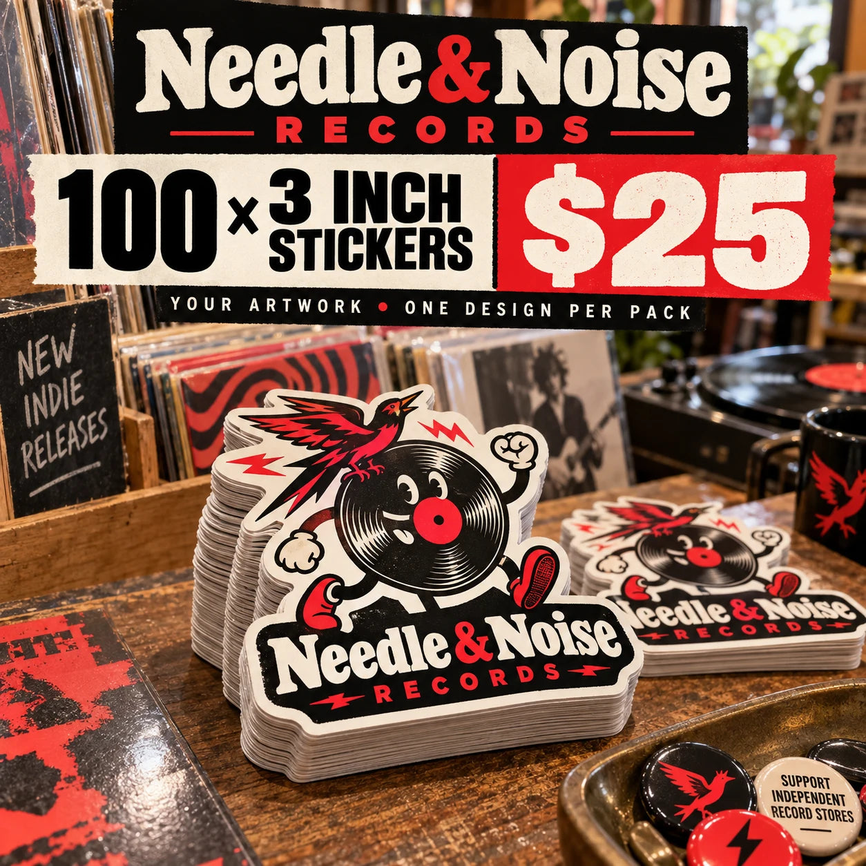 Needle & Noise Records fictional example: 100 custom 3 inch stickers for $25