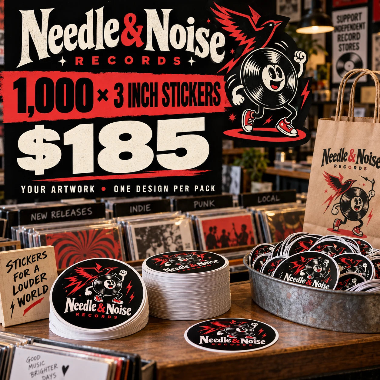 Needle & Noise Records fictional example: 1000 custom 3 inch stickers for $185