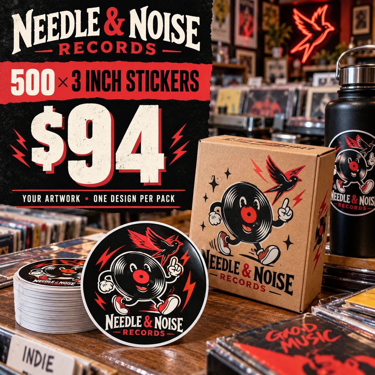 Needle & Noise Records fictional example: 500 custom 3 inch stickers for $94