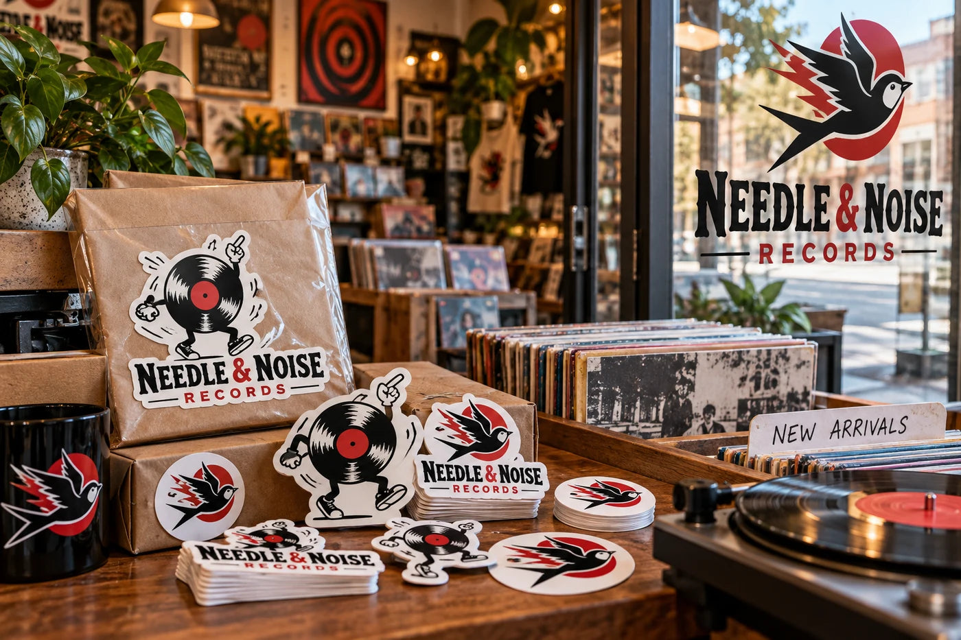 Needle & Noise Records fictional example storefront with custom lettering and stickers