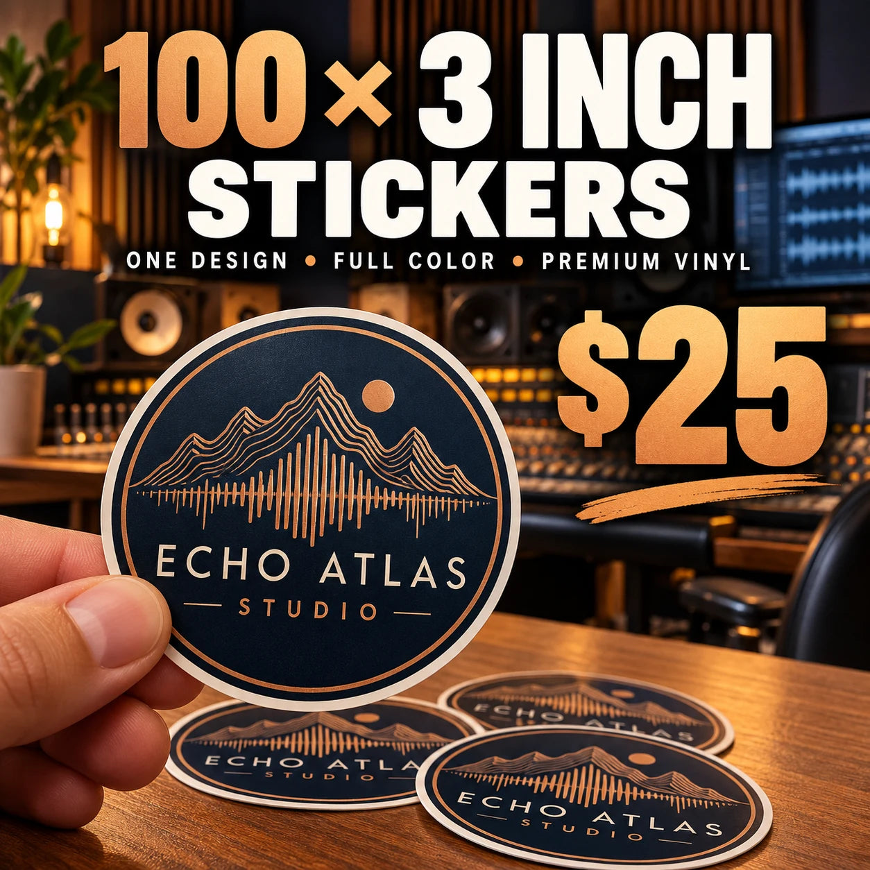 Echo Atlas Studio fictional example: 100 custom 3 inch stickers for $25