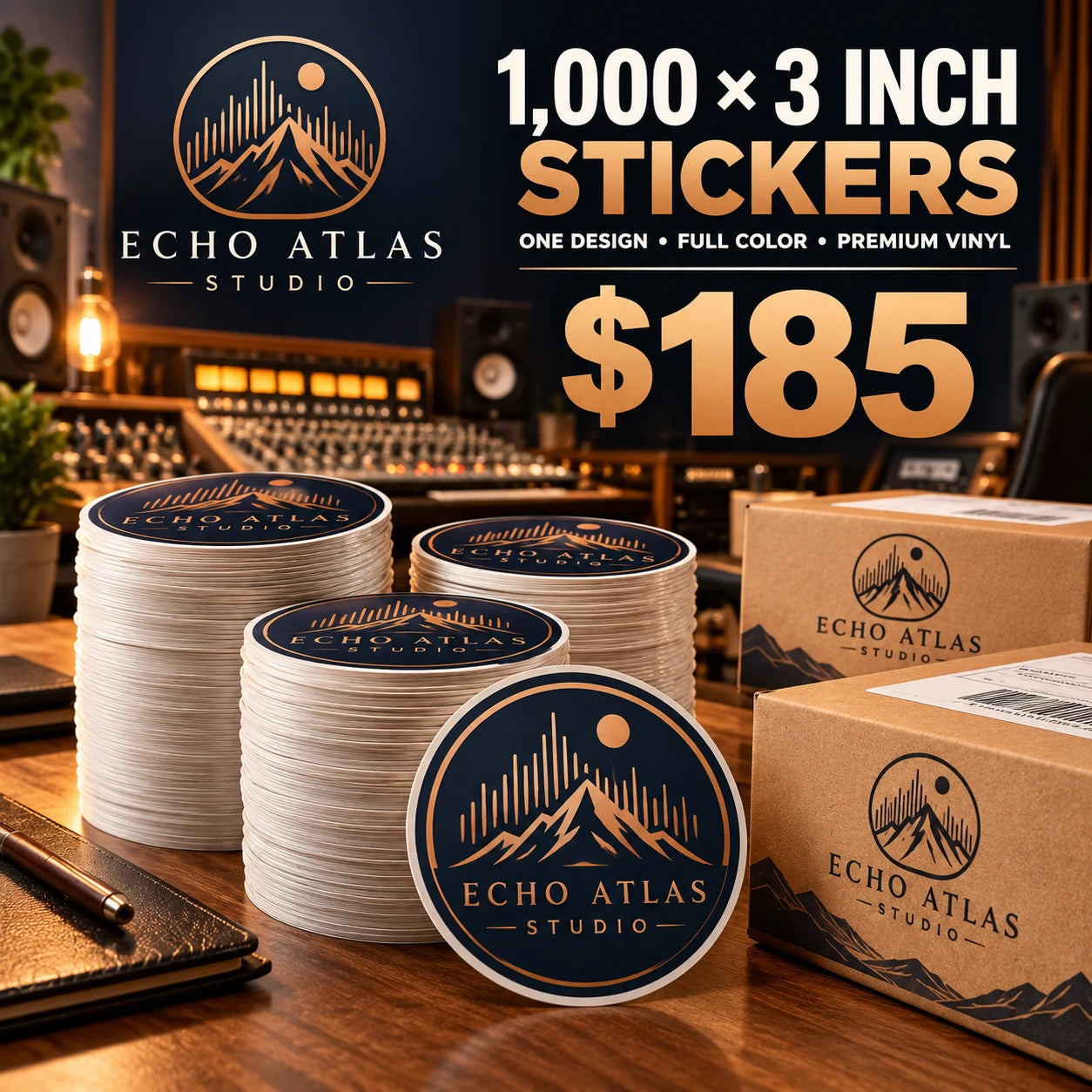Echo Atlas Studio fictional example: 1000 custom 3 inch stickers for $185