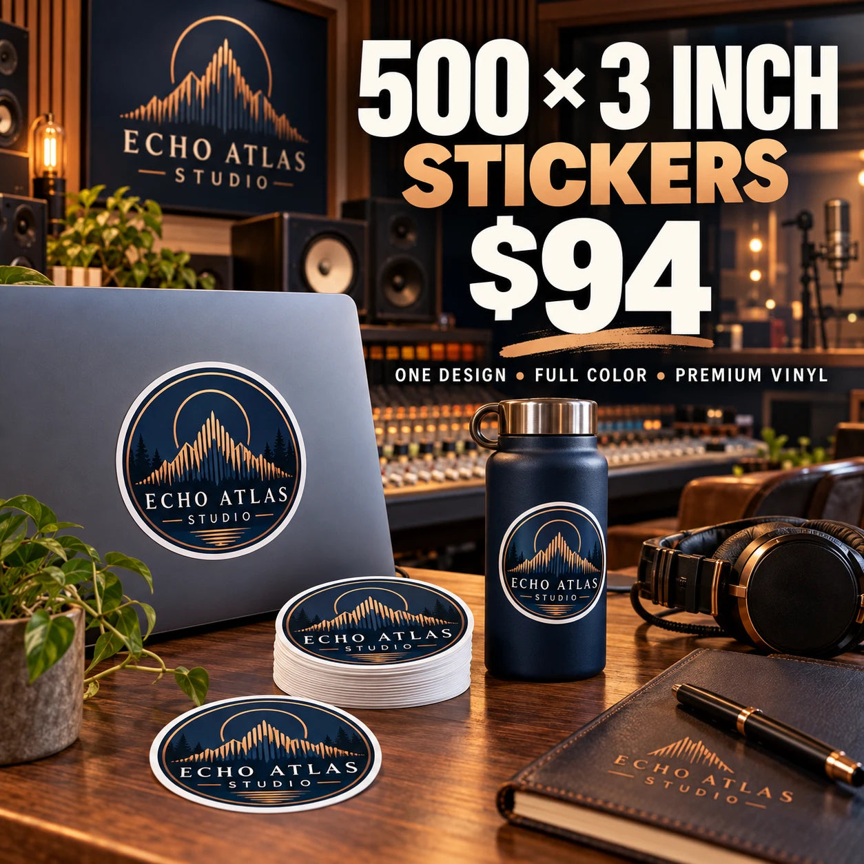Echo Atlas Studio fictional example: 500 custom 3 inch stickers for $94