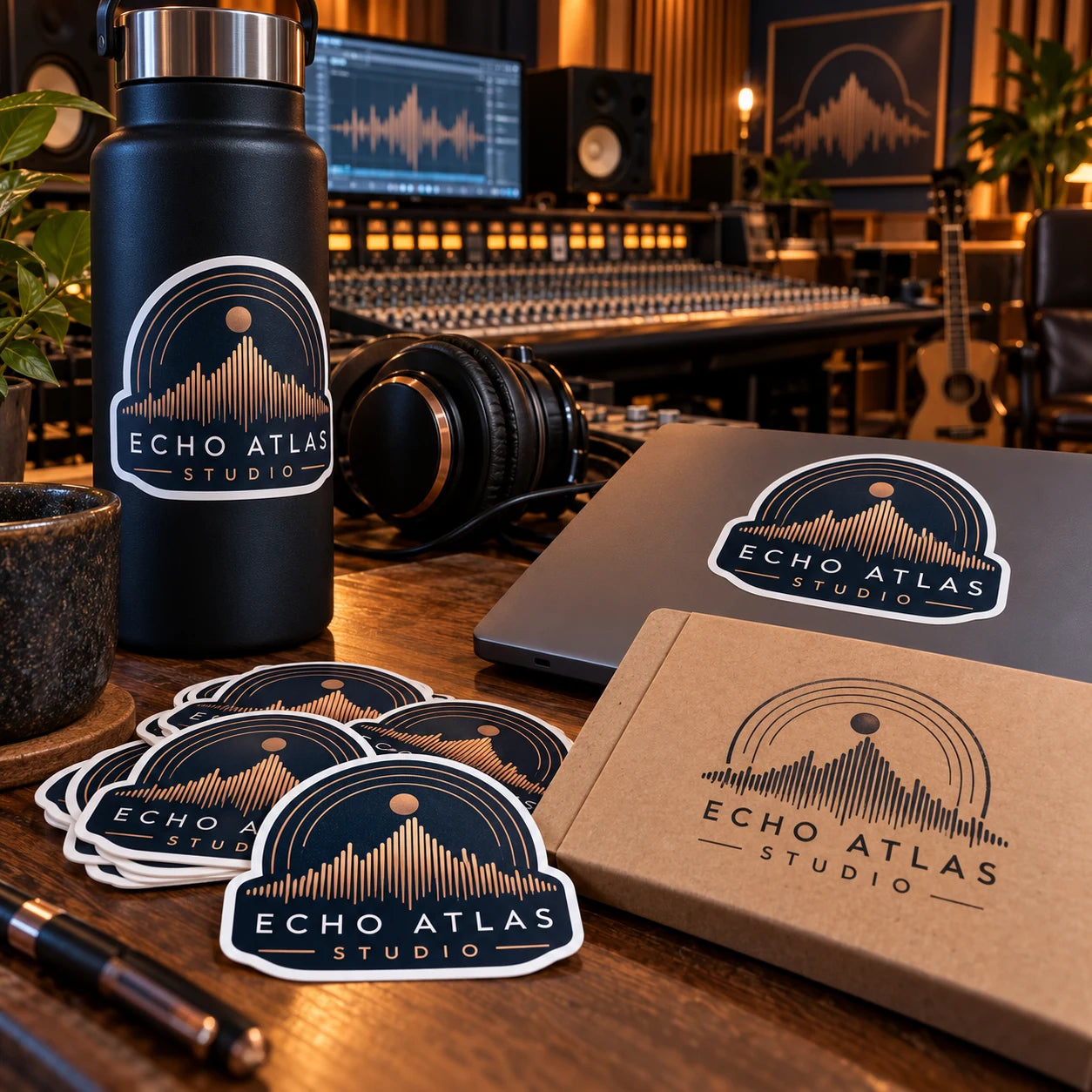 Echo Atlas Studio fictional example storefront with custom lettering and stickers