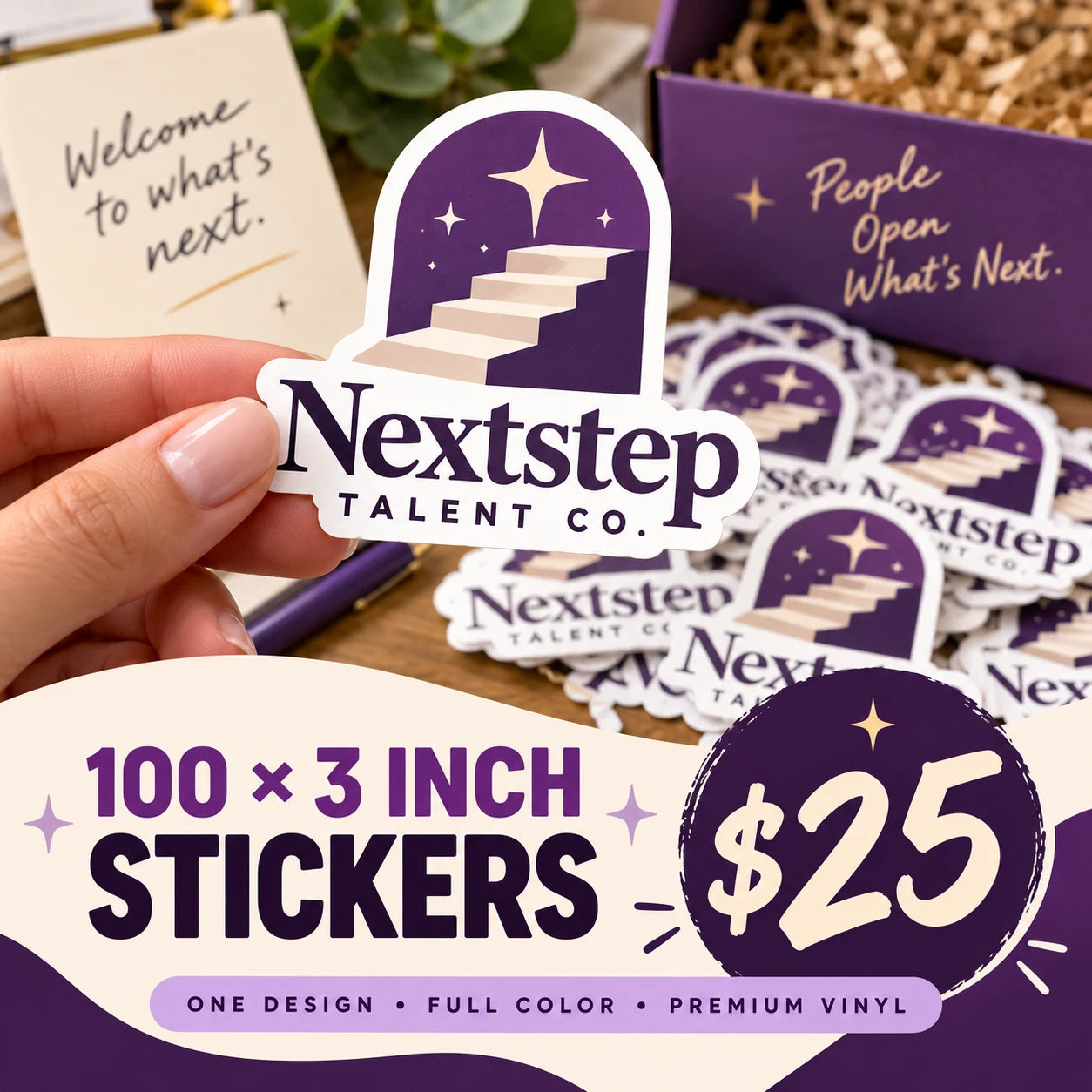 Nextstep Talent Co. fictional example: 100 custom 3 inch stickers for $25