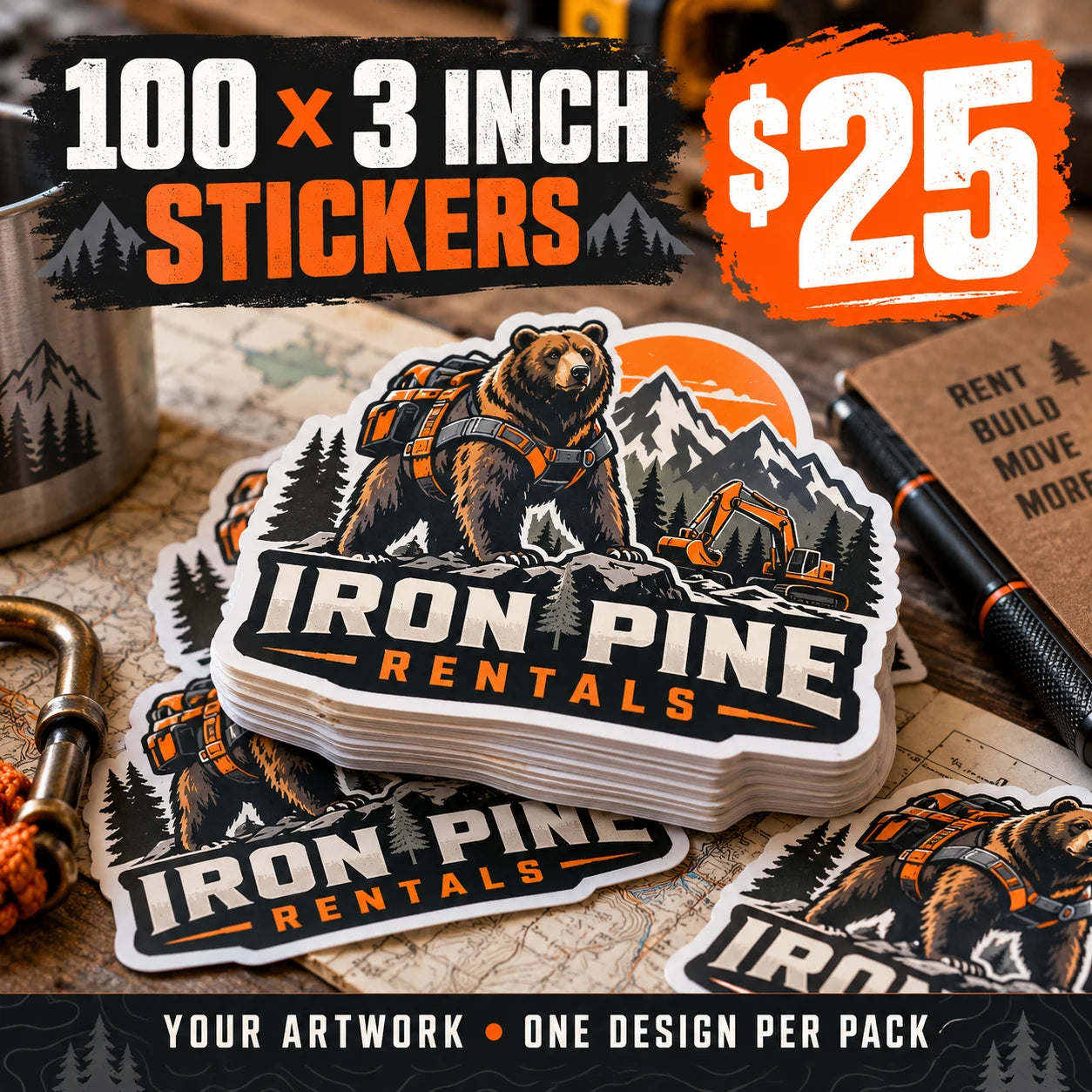 Iron Pine Rentals fictional example: 100 custom 3 inch stickers for $25
