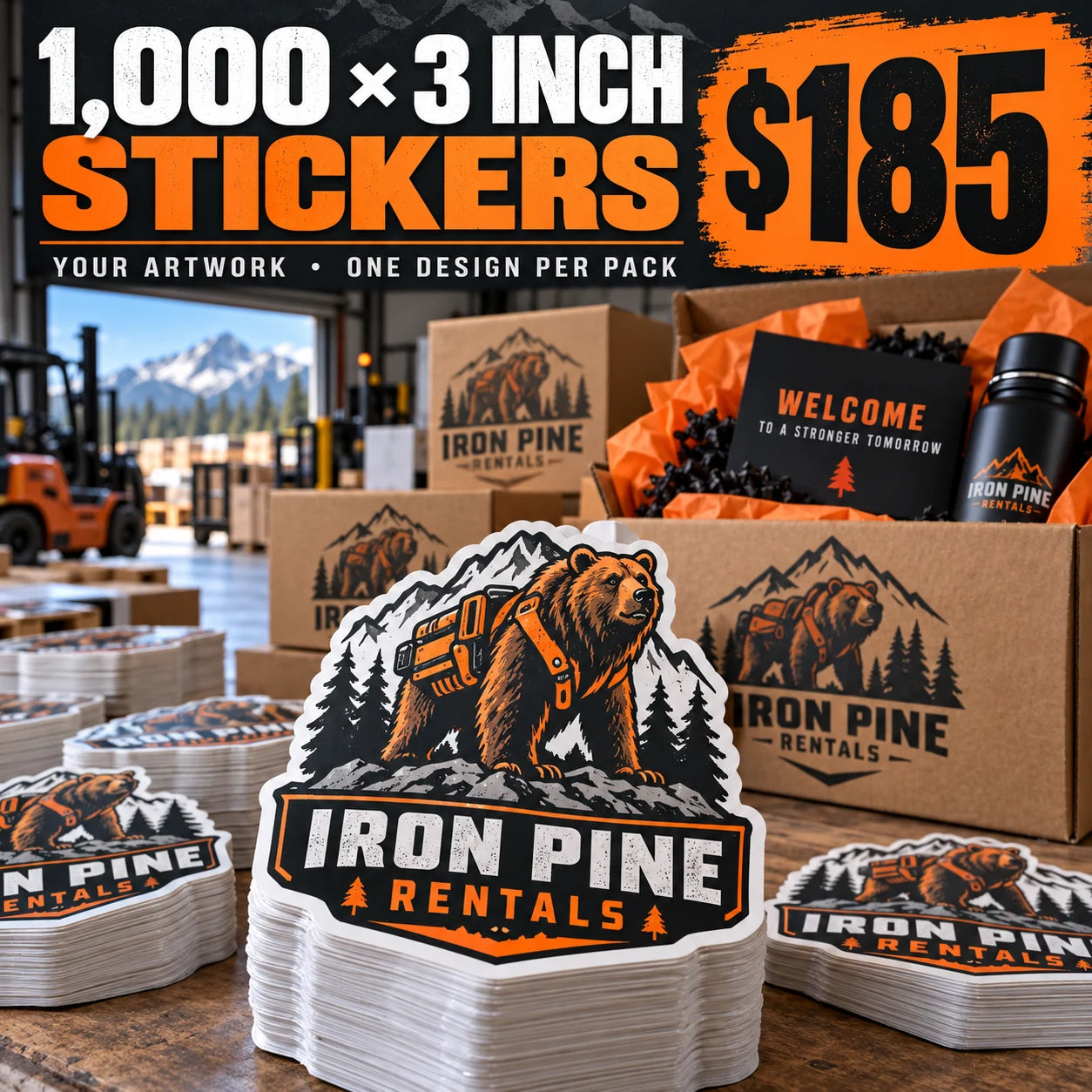 Iron Pine Rentals fictional packaging and sticker ideas