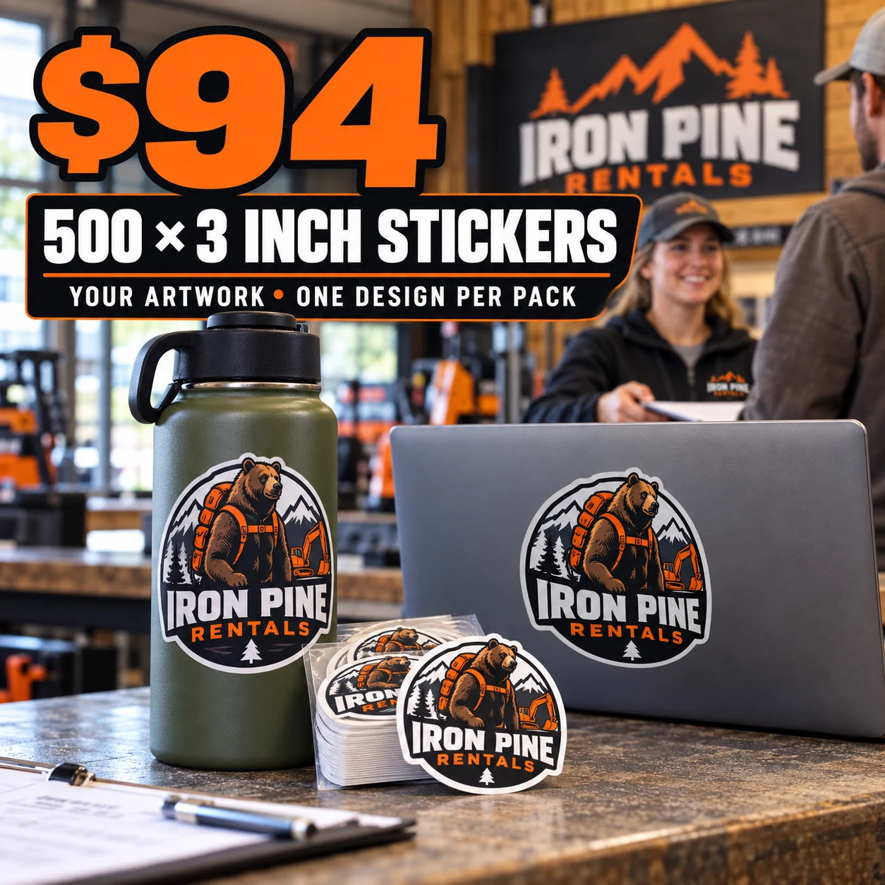 Iron Pine Rentals fictional example: 500 custom 3 inch stickers for $94