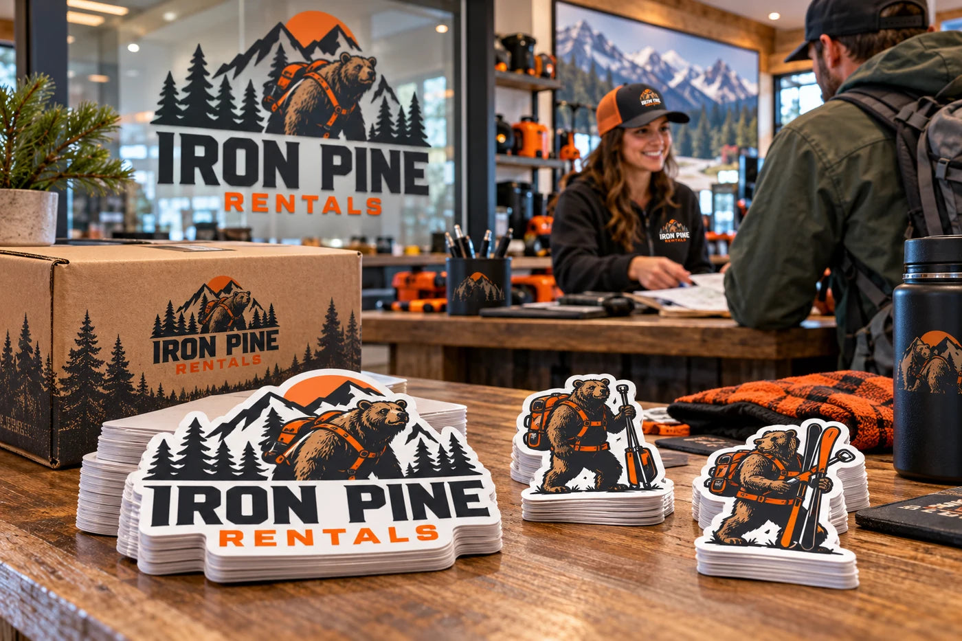 Iron Pine Rentals fictional example storefront with custom lettering and stickers