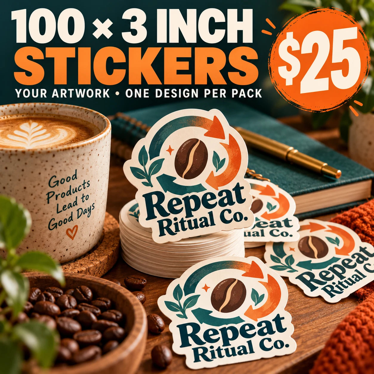 Repeat Ritual Co. fictional example: 100 custom 3 inch stickers for $25