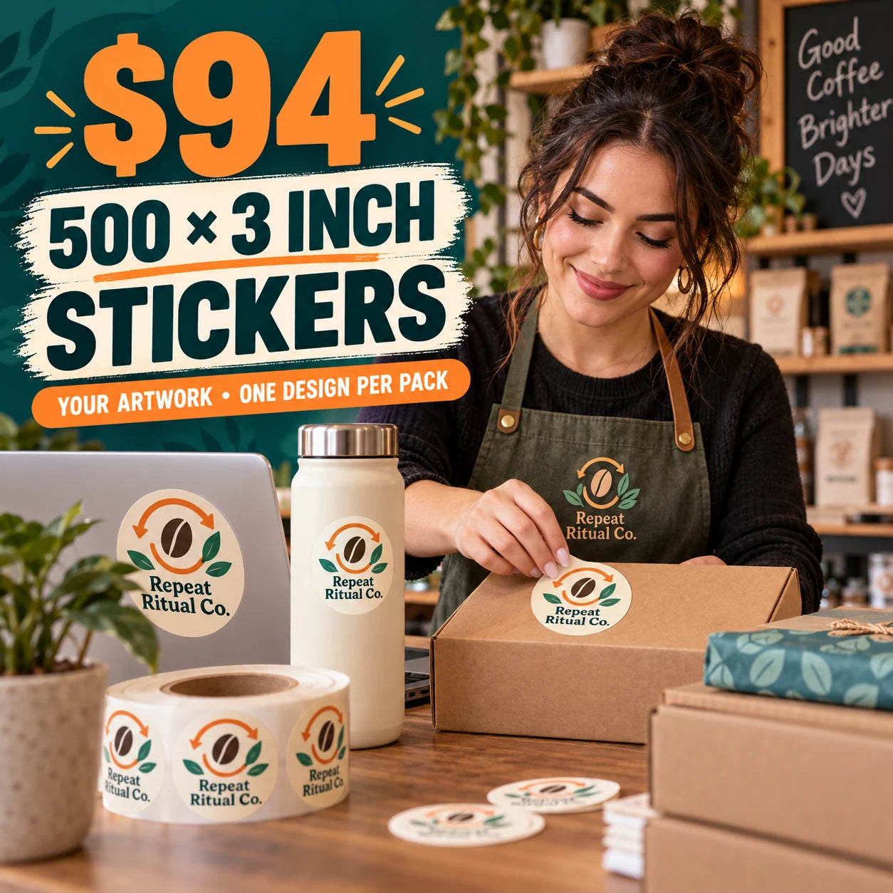 Repeat Ritual Co. fictional example: 500 custom 3 inch stickers for $94