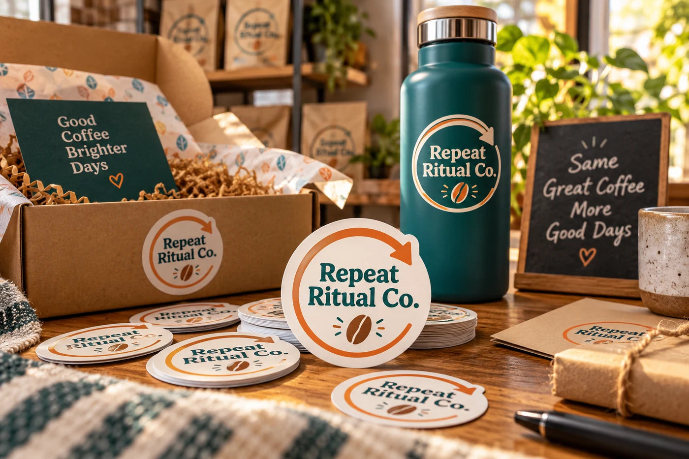 Repeat Ritual Co. fictional example storefront with custom lettering and stickers