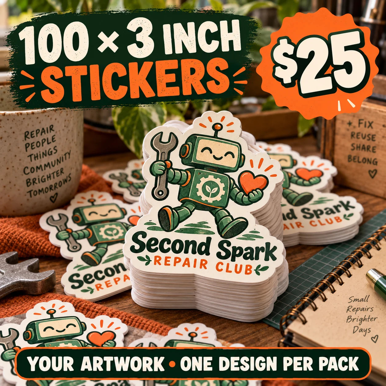 Second Spark Repair Club fictional example: 100 custom 3 inch stickers for $25