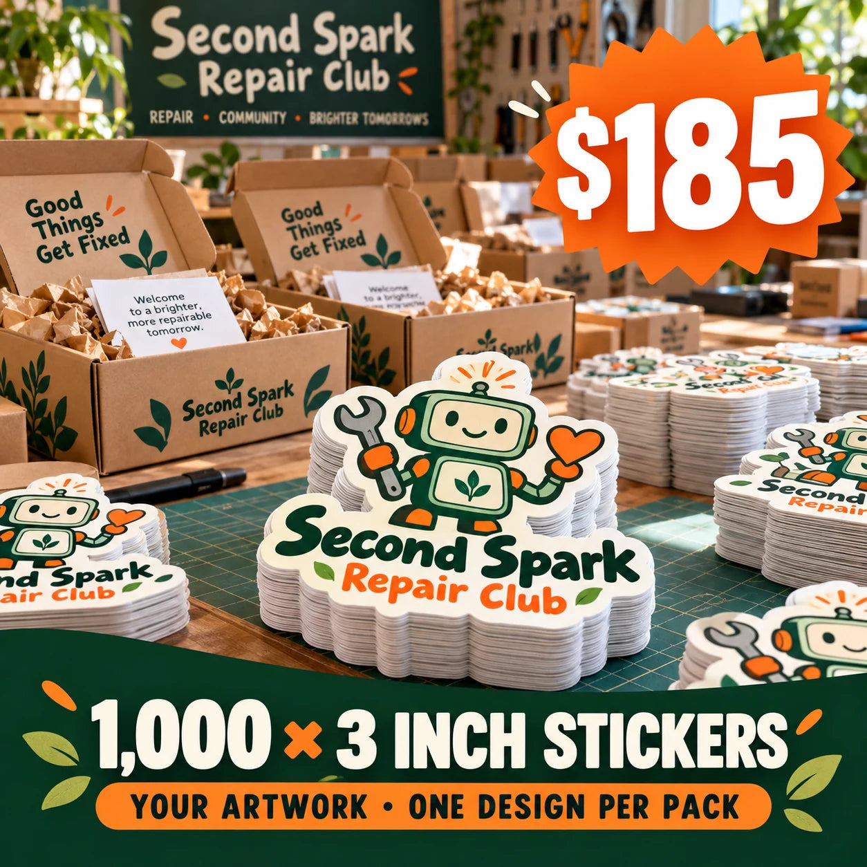 Second Spark Repair Club fictional packaging and sticker ideas