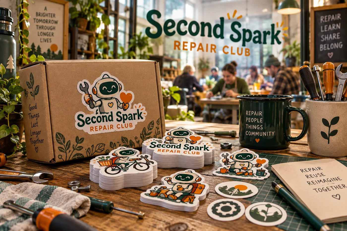 Second Spark Repair Club fictional example storefront with custom lettering and stickers