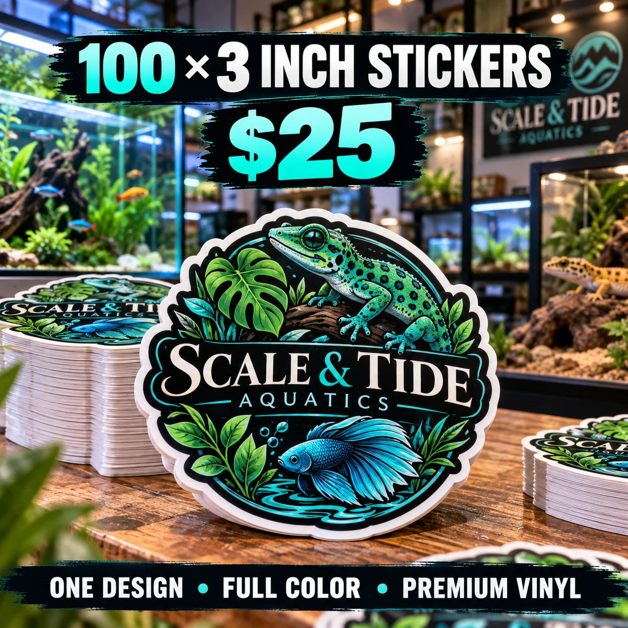 Scale & Tide Aquatics fictional example: 100 custom 3 inch stickers for $25