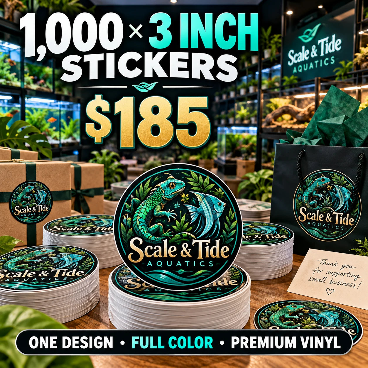 Scale & Tide Aquatics fictional example: 1000 custom 3 inch stickers for $185