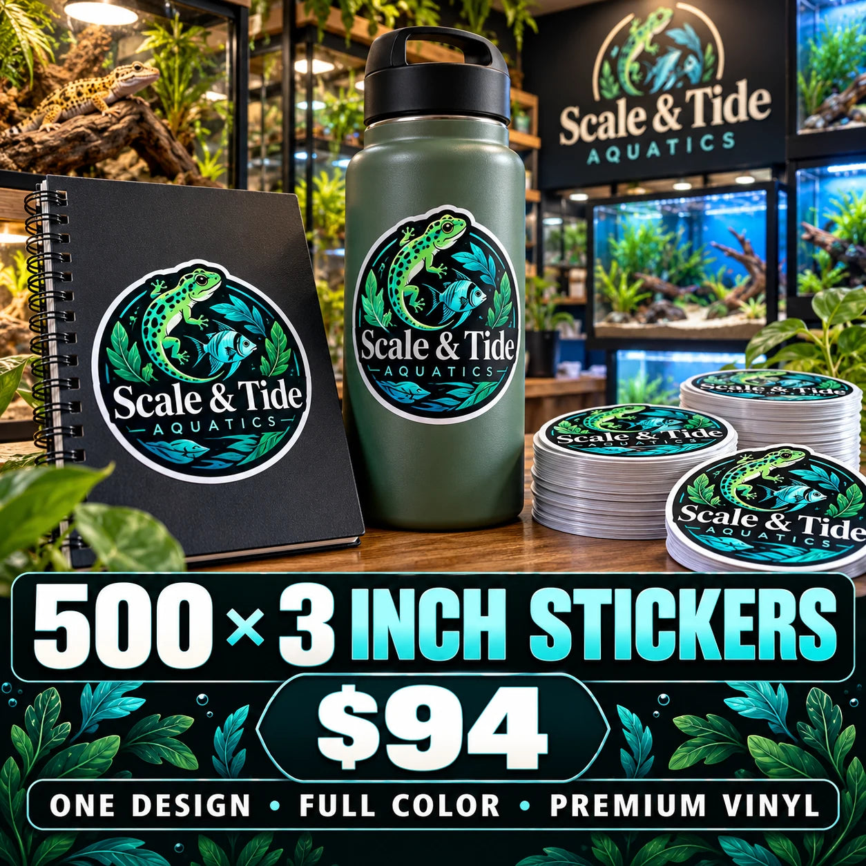 Scale & Tide Aquatics fictional example: 500 custom 3 inch stickers for $94
