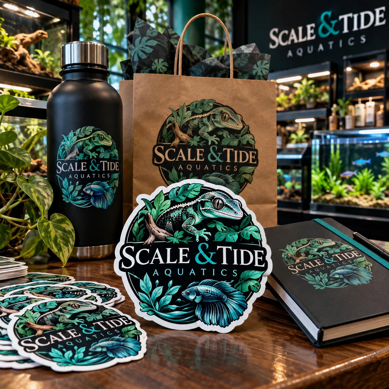 Scale & Tide Aquatics fictional example storefront with custom lettering and stickers