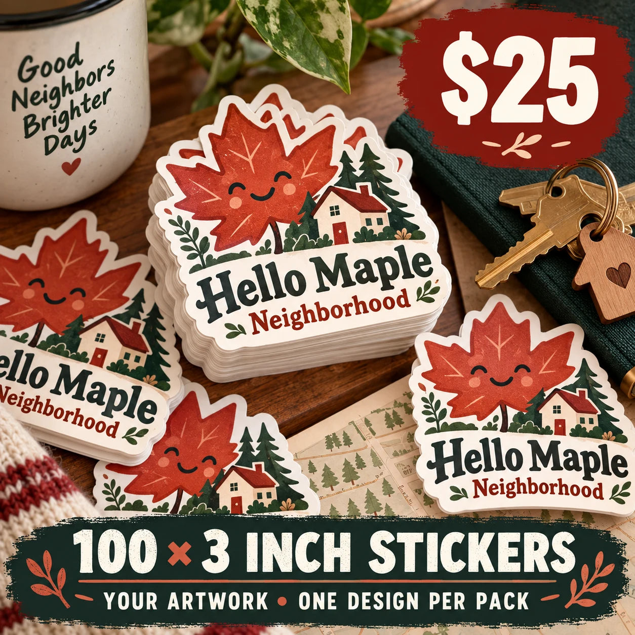 Hello Maple Neighborhood fictional example: 100 custom 3 inch stickers for $25