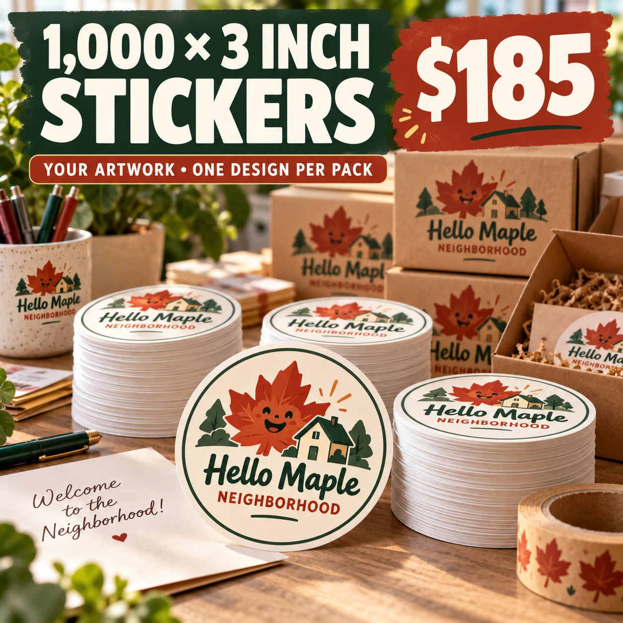 Hello Maple Neighborhood fictional packaging and sticker ideas
