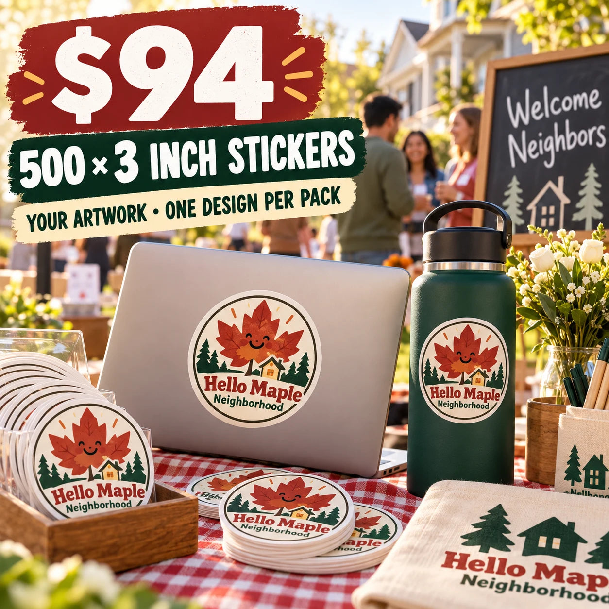 Hello Maple Neighborhood fictional example: 500 custom 3 inch stickers for $94