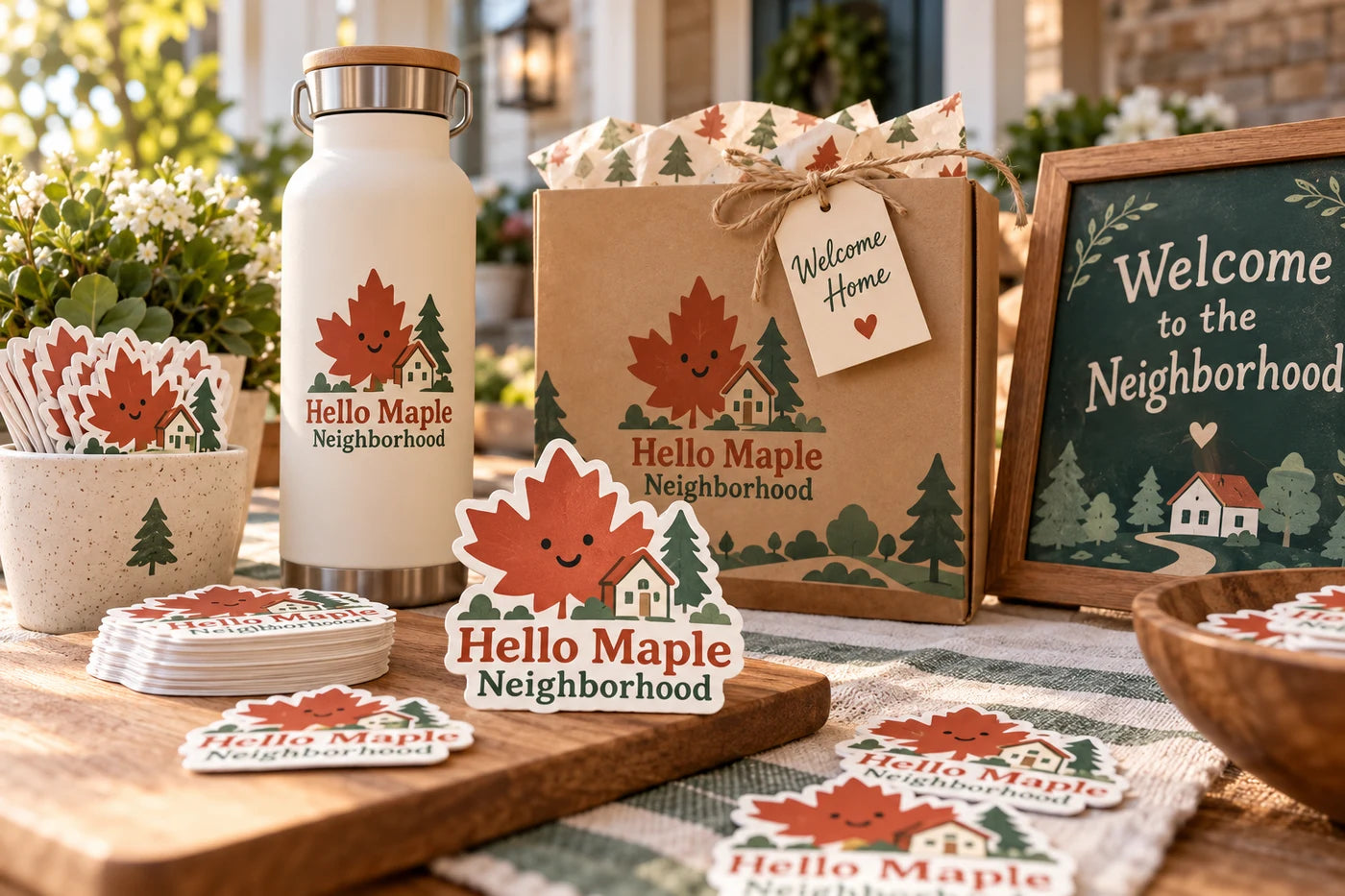 Hello Maple Neighborhood fictional example storefront with custom lettering and stickers