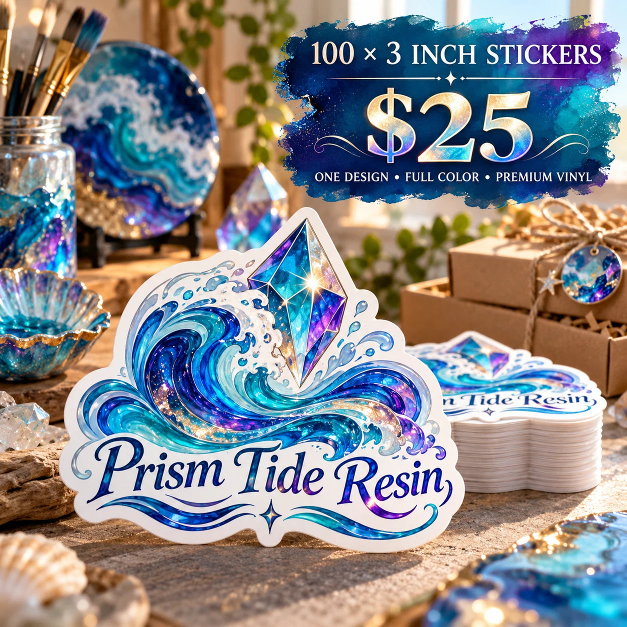 Prism Tide Resin fictional example: 100 custom 3 inch stickers for $25