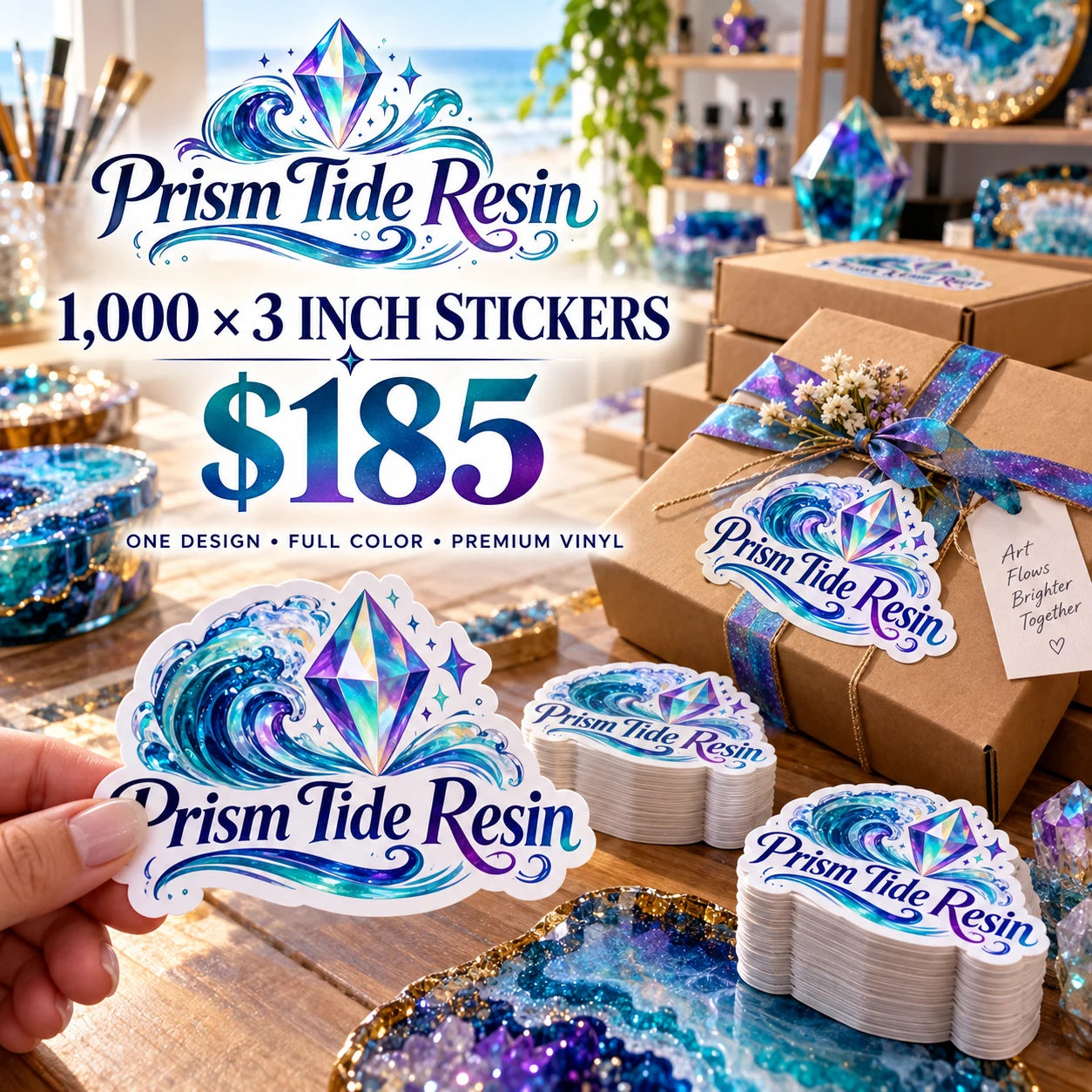 Prism Tide Resin fictional packaging and sticker ideas