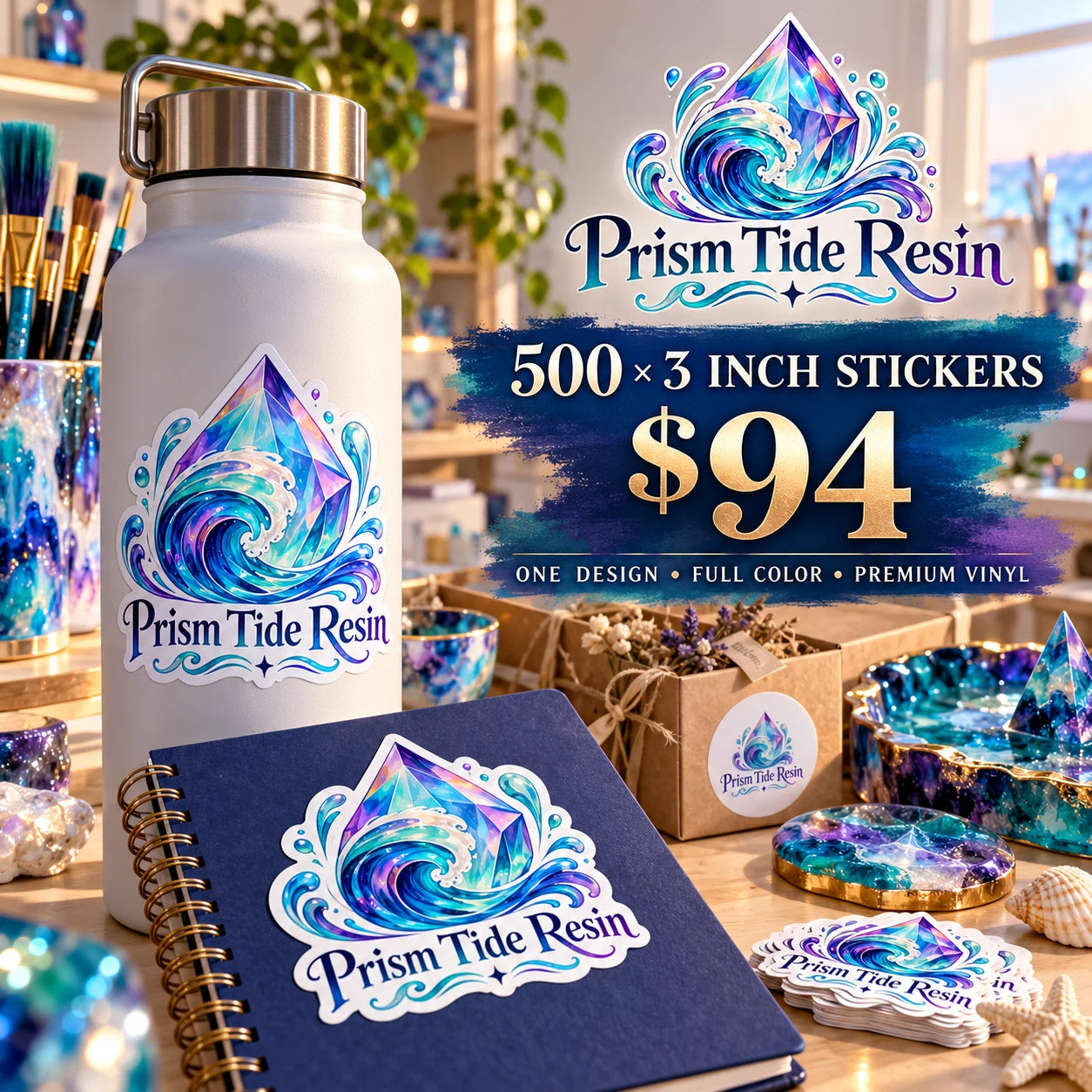 Prism Tide Resin fictional example: 500 custom 3 inch stickers for $94
