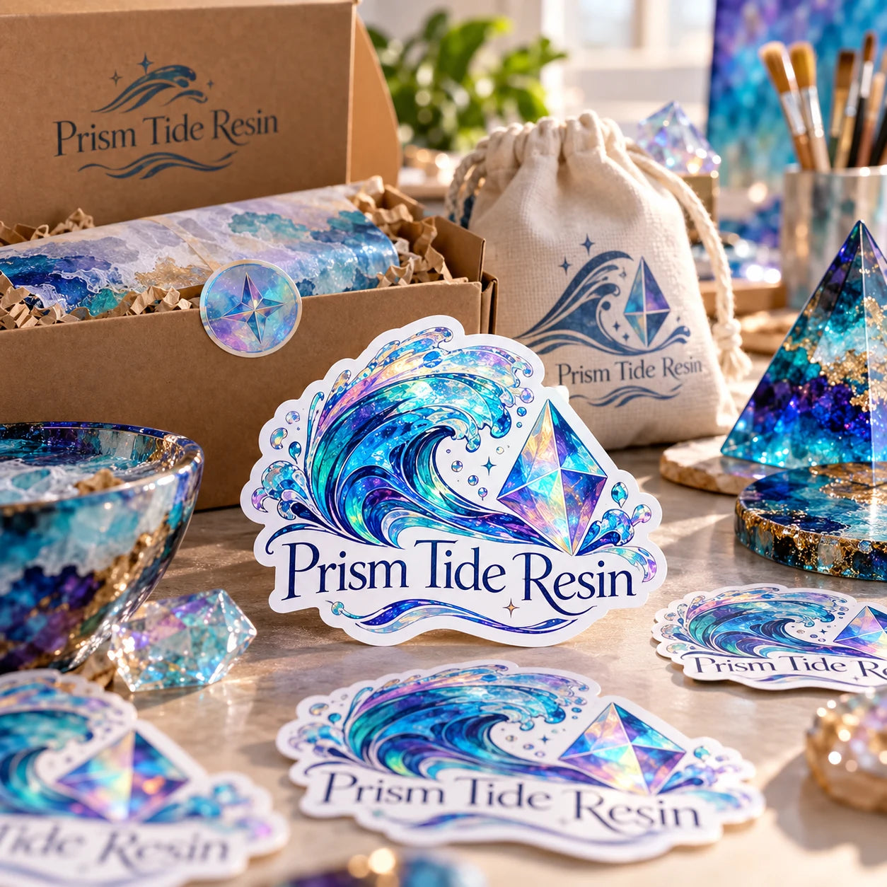 Prism Tide Resin fictional example storefront with custom lettering and stickers