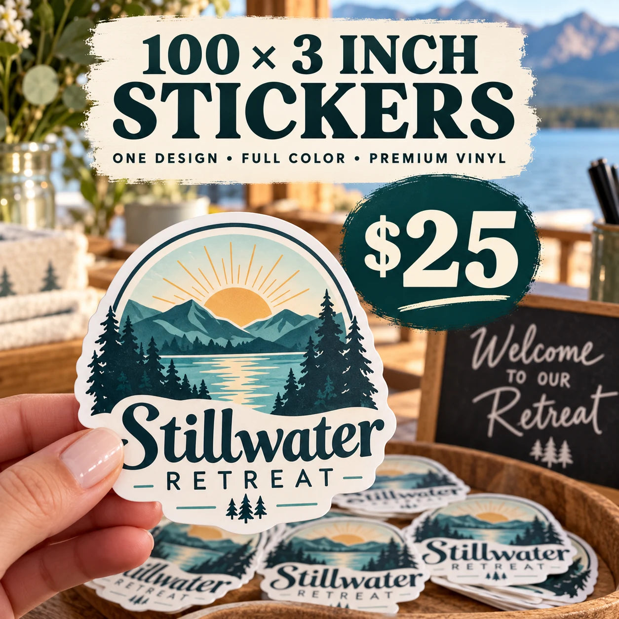 Stillwater Retreat fictional example: 100 custom 3 inch stickers for $25