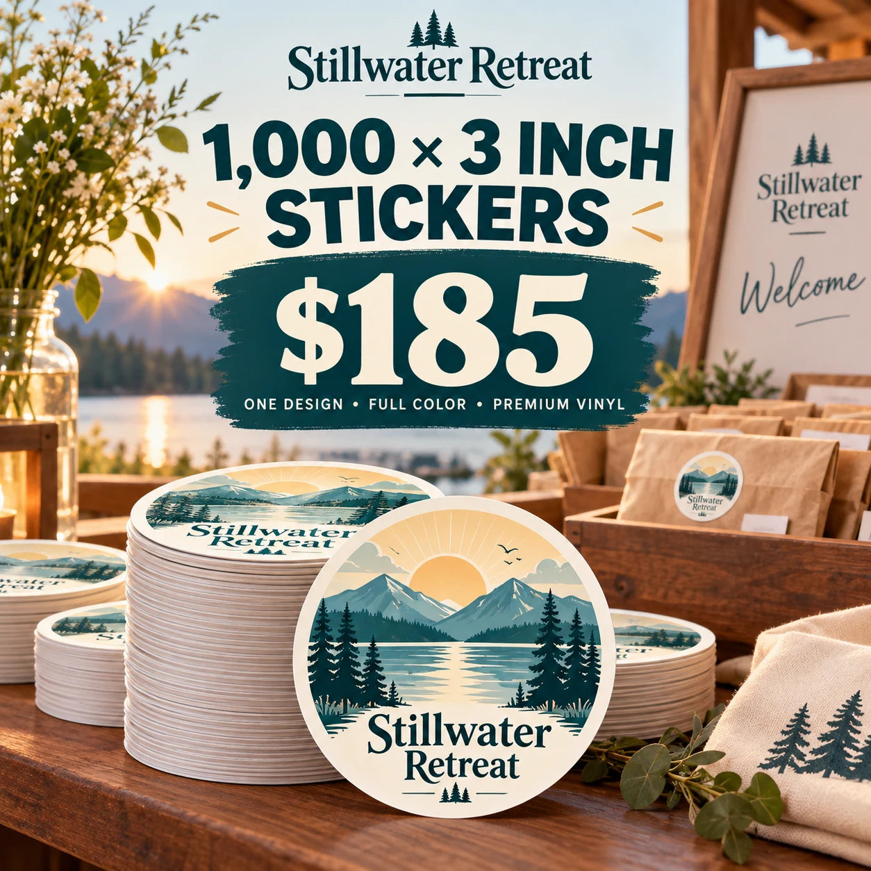 Stillwater Retreat fictional example: 1000 custom 3 inch stickers for $185