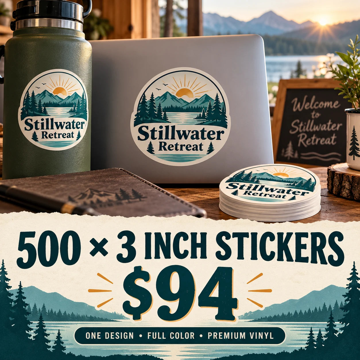 Stillwater Retreat fictional example: 500 custom 3 inch stickers for $94