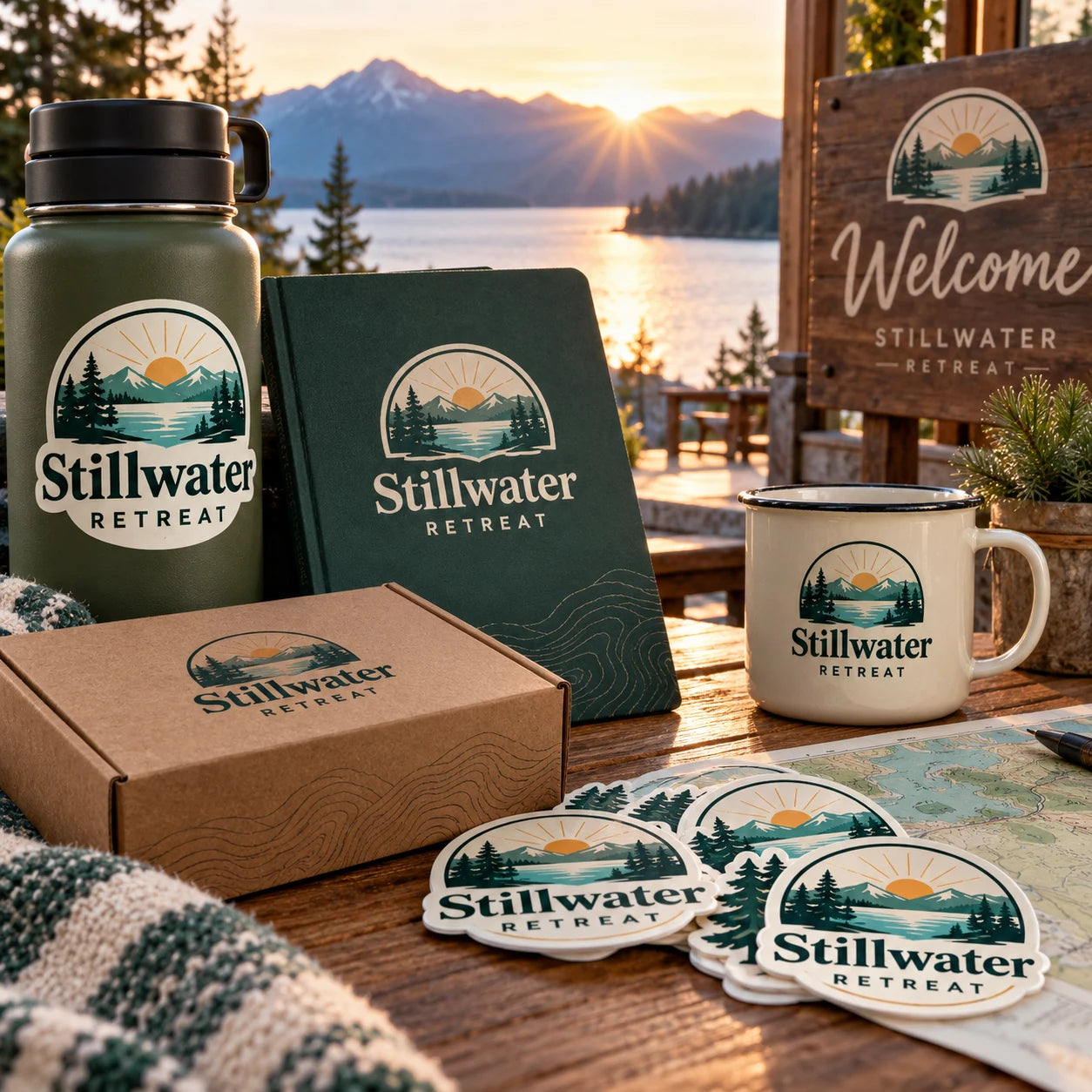 Stillwater Retreat fictional example storefront with custom lettering and stickers