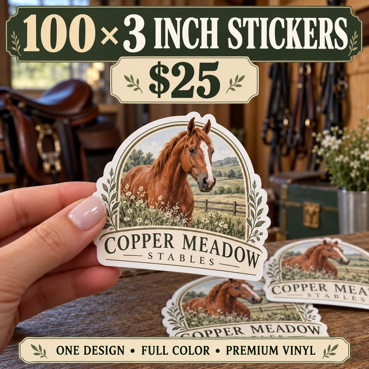Copper Meadow Stables fictional example: 100 custom 3 inch stickers for $25