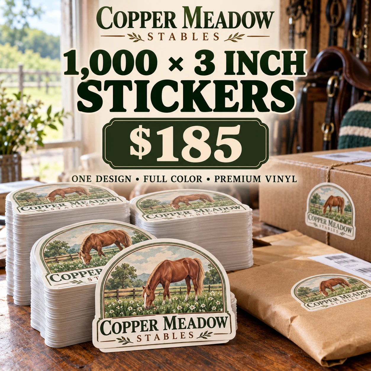 Copper Meadow Stables fictional example: 1000 custom 3 inch stickers for $185