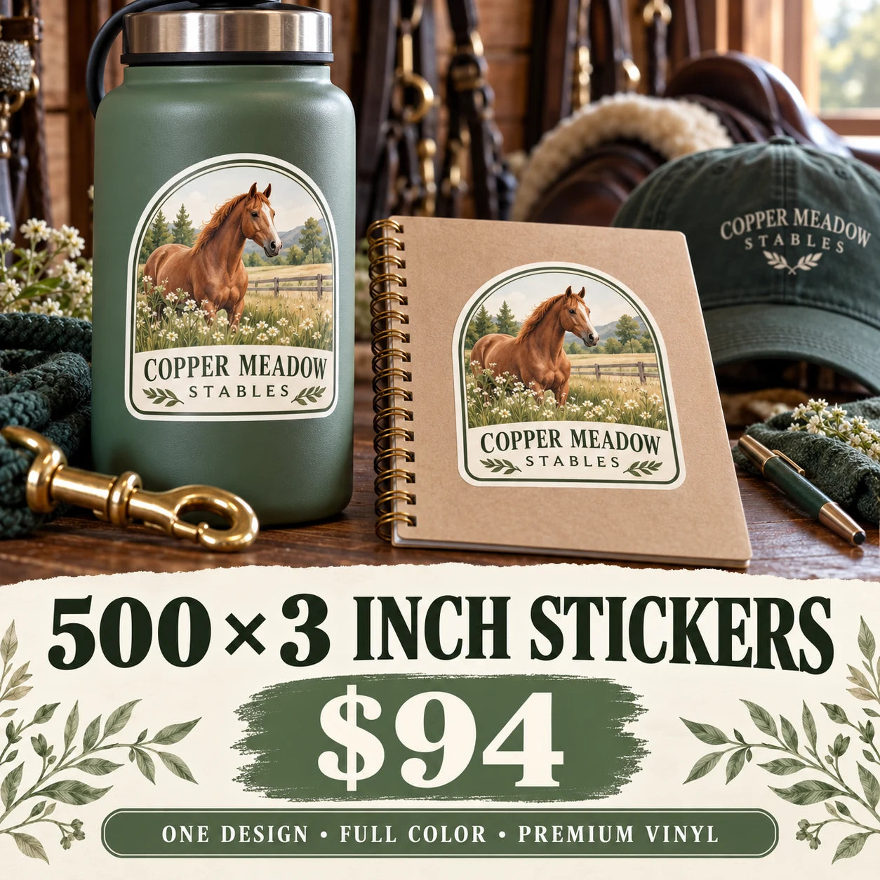 Copper Meadow Stables fictional example: 500 custom 3 inch stickers for $94
