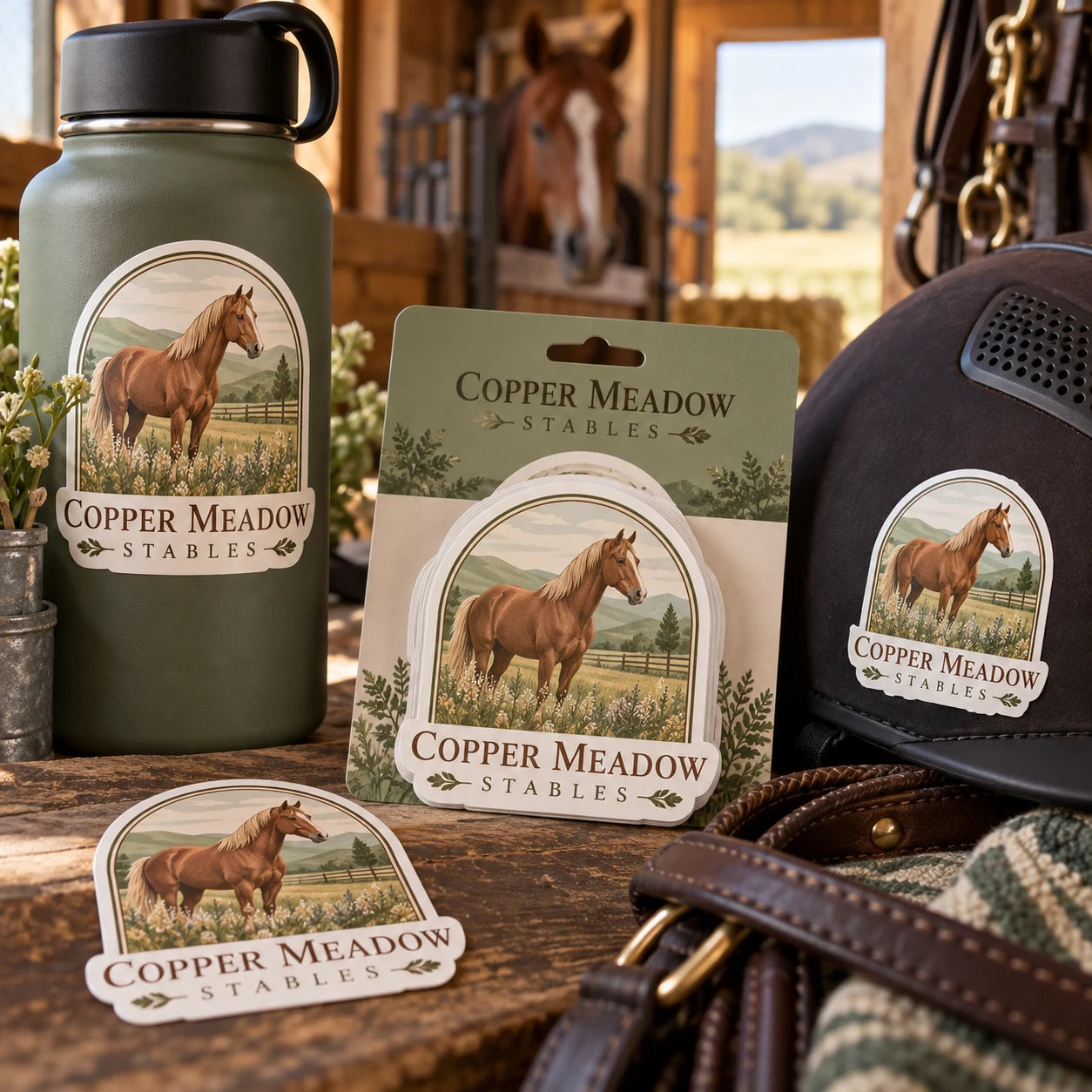 Copper Meadow Stables fictional example storefront with custom lettering and stickers