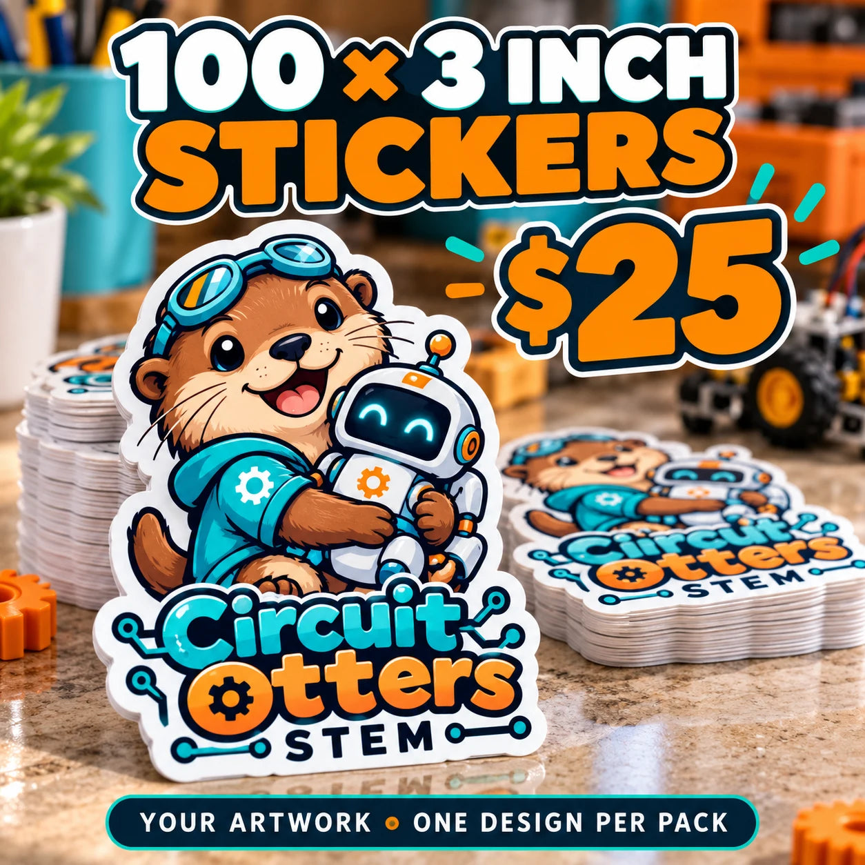 Circuit Otters STEM fictional example: 100 custom 3 inch stickers for $25