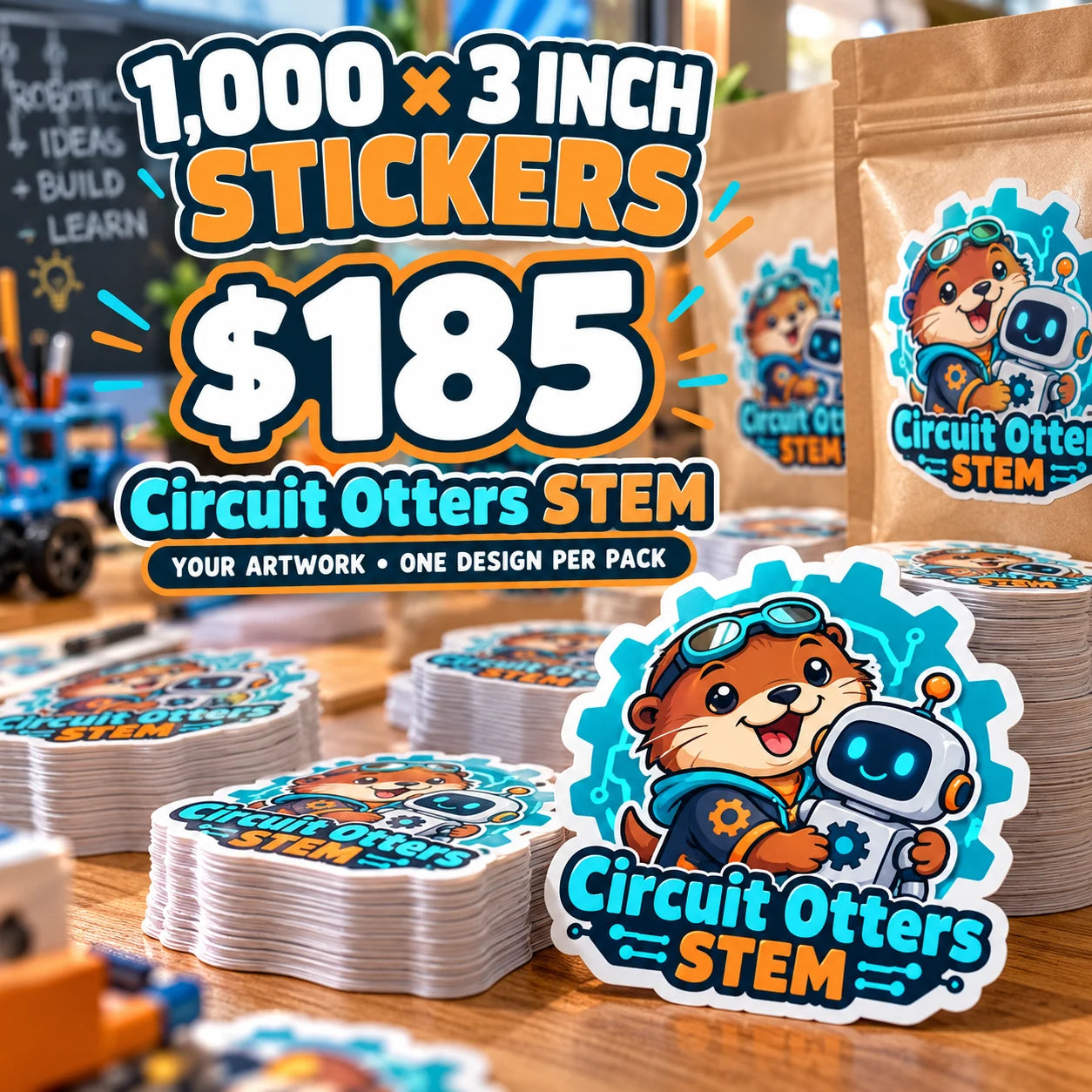 Circuit Otters STEM fictional packaging and sticker ideas