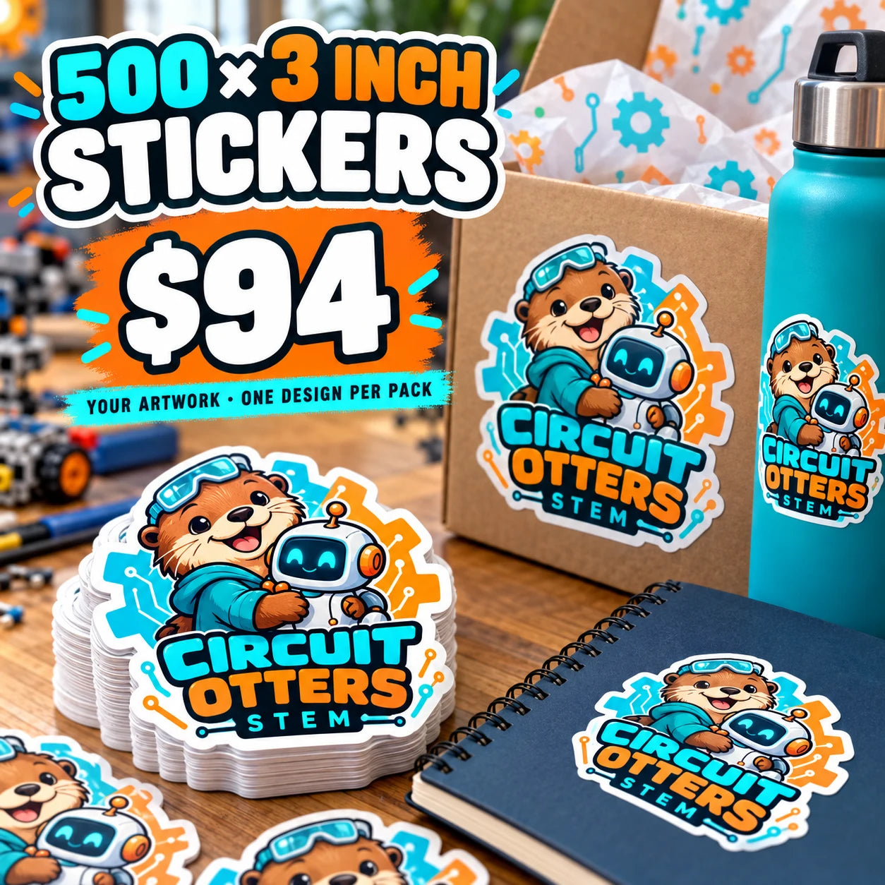Circuit Otters STEM fictional example: 500 custom 3 inch stickers for $94