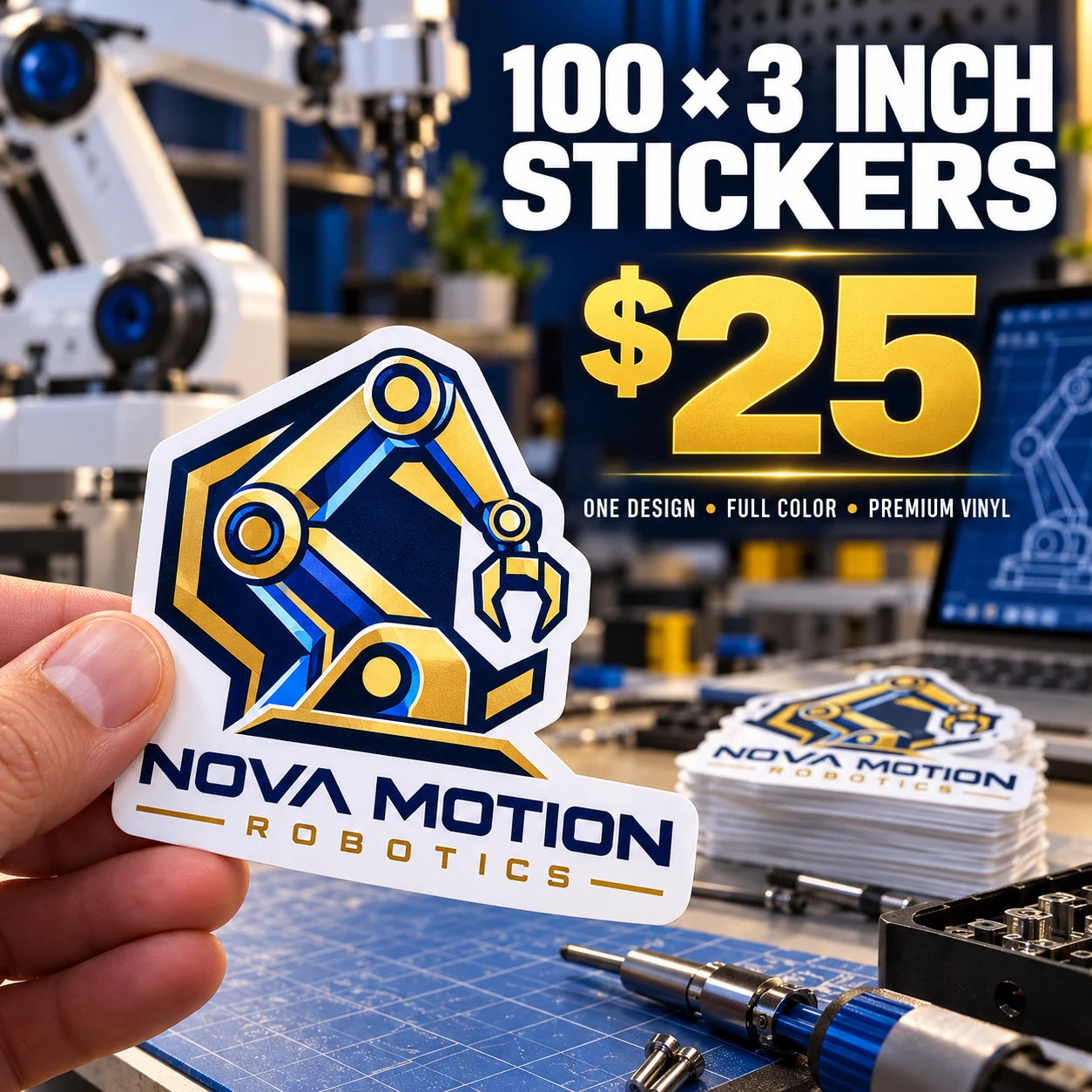 Nova Motion Robotics fictional example: 100 custom 3 inch stickers for $25